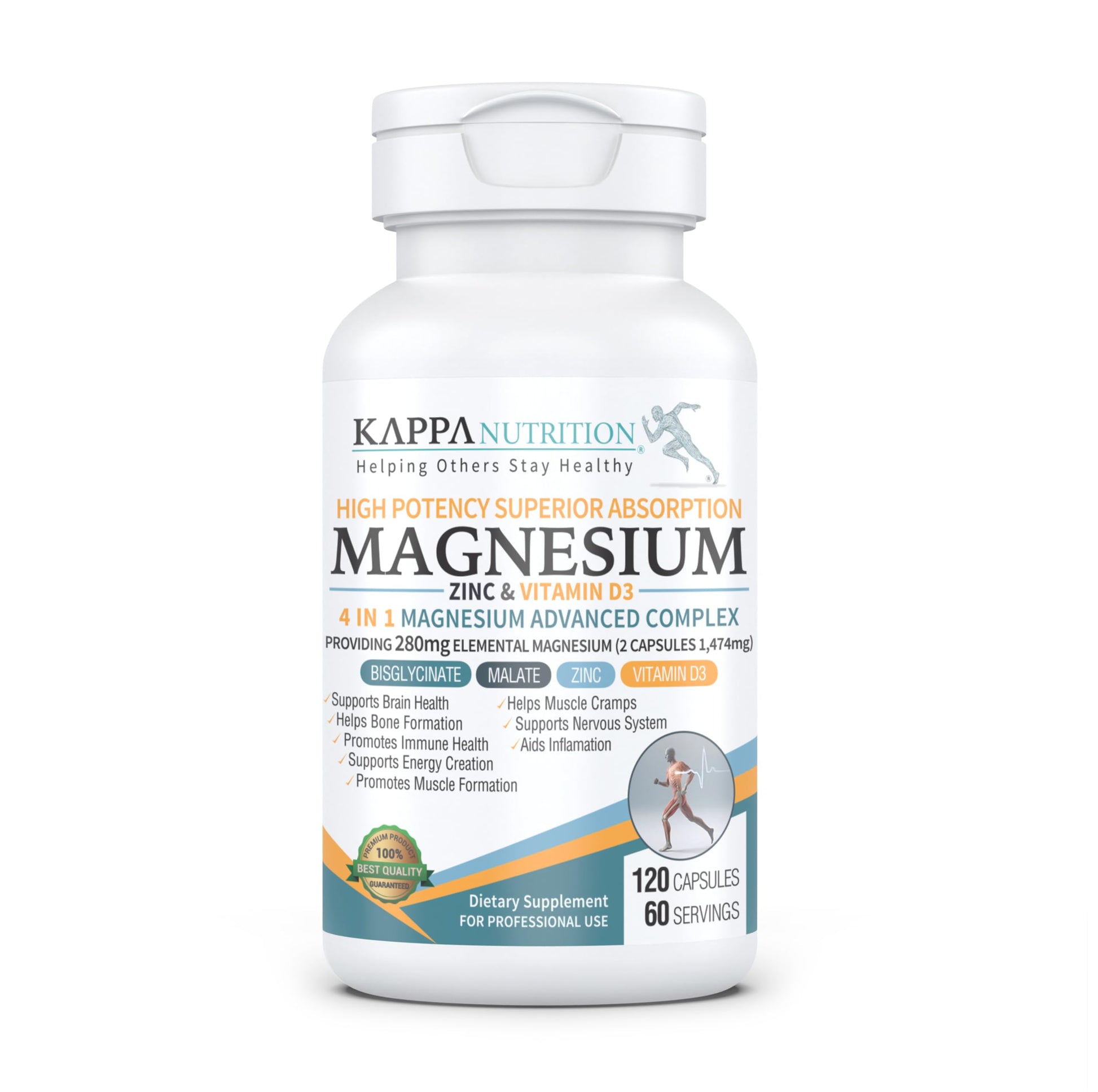 Kappa Nutrition Magnesium 4-in-1, 280mg Elemental Magnesium (Bisglycinate, Malate) + Zinc & Vitamin D3, Brain, Sleep, Energy, Muscle, Immune Support, 120 Vegan Capsules. KAPPA NUTRITIONAu supplements