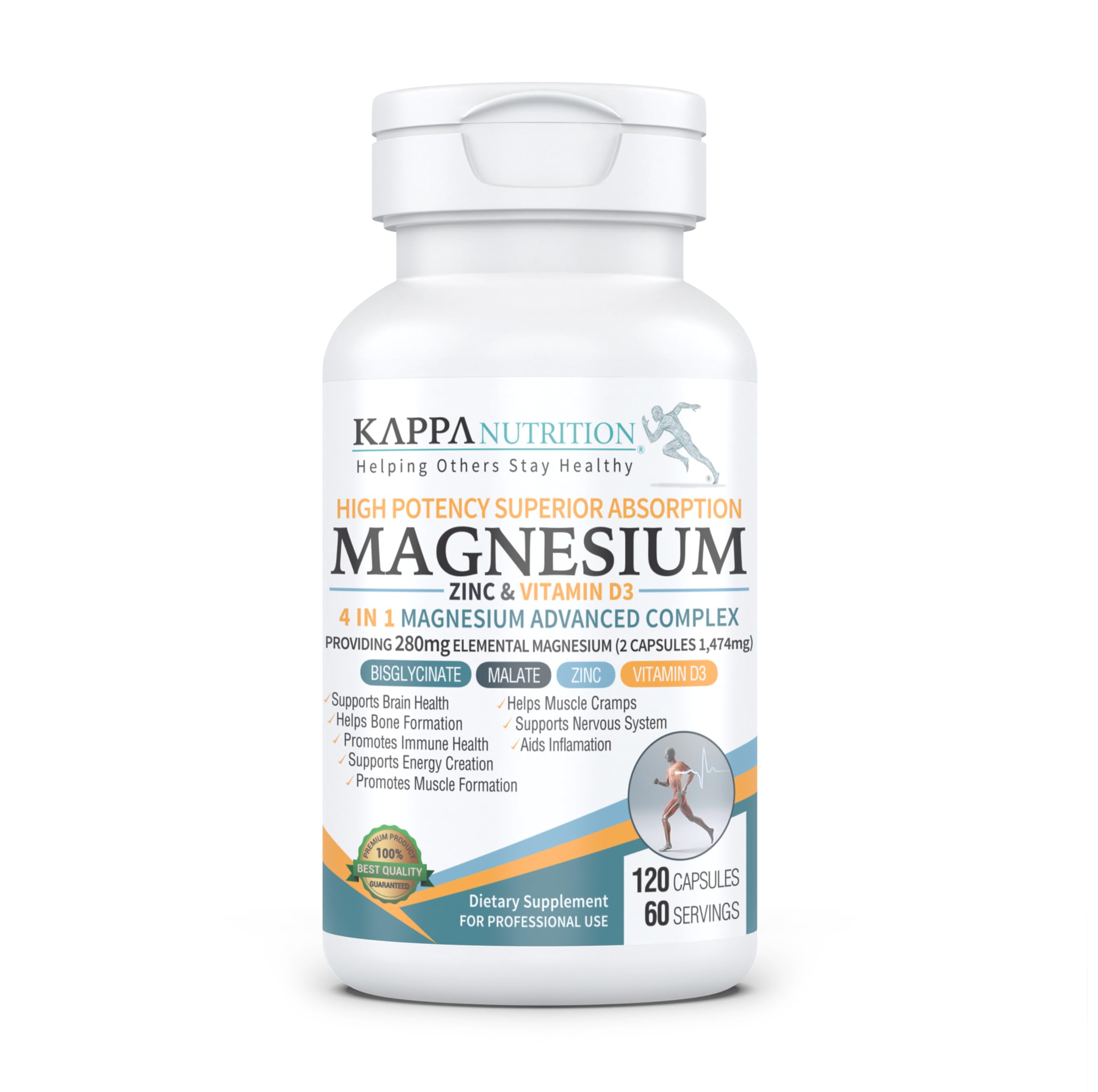 Kappa Nutrition Magnesium 4-in-1, 280mg Elemental Magnesium (Bisglycinate, Malate) + Zinc & Vitamin D3, Brain, Sleep, Energy, Muscle, Immune Support, 120 Vegan Capsules. KAPPA NUTRITIONAu supplements