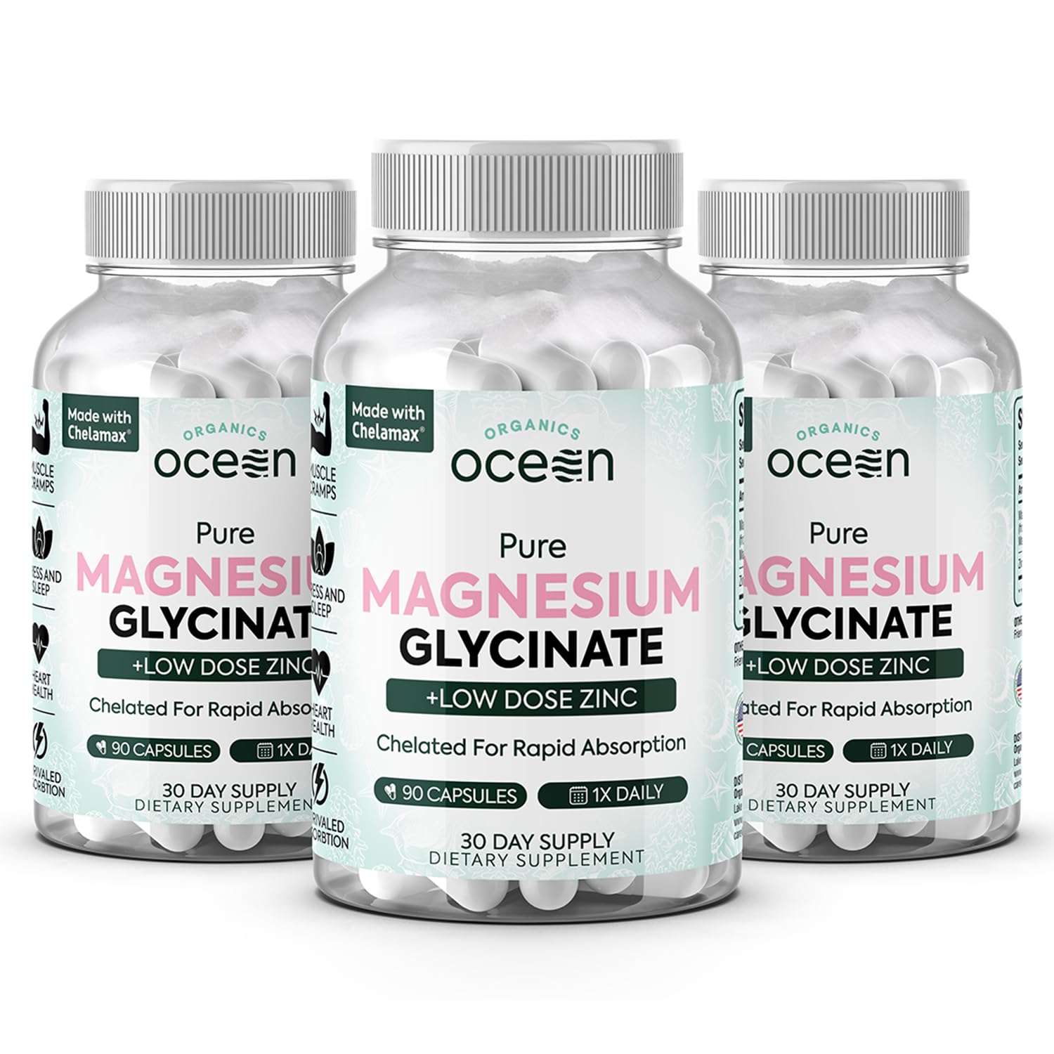 Organics Ocean Pure Magnesium Glycinate with Zinc - Maximum Strength Chelated Magnesium Supplement for Women and Men for Muscle Cramps and Sleep Support - 3 Bottles Organics OceanAu supplements