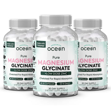 Organics Ocean Pure Magnesium Glycinate with Zinc - Maximum Strength Chelated Magnesium Supplement for Women and Men for Muscle Cramps and Sleep Support - 3 Bottles Organics OceanAu supplements