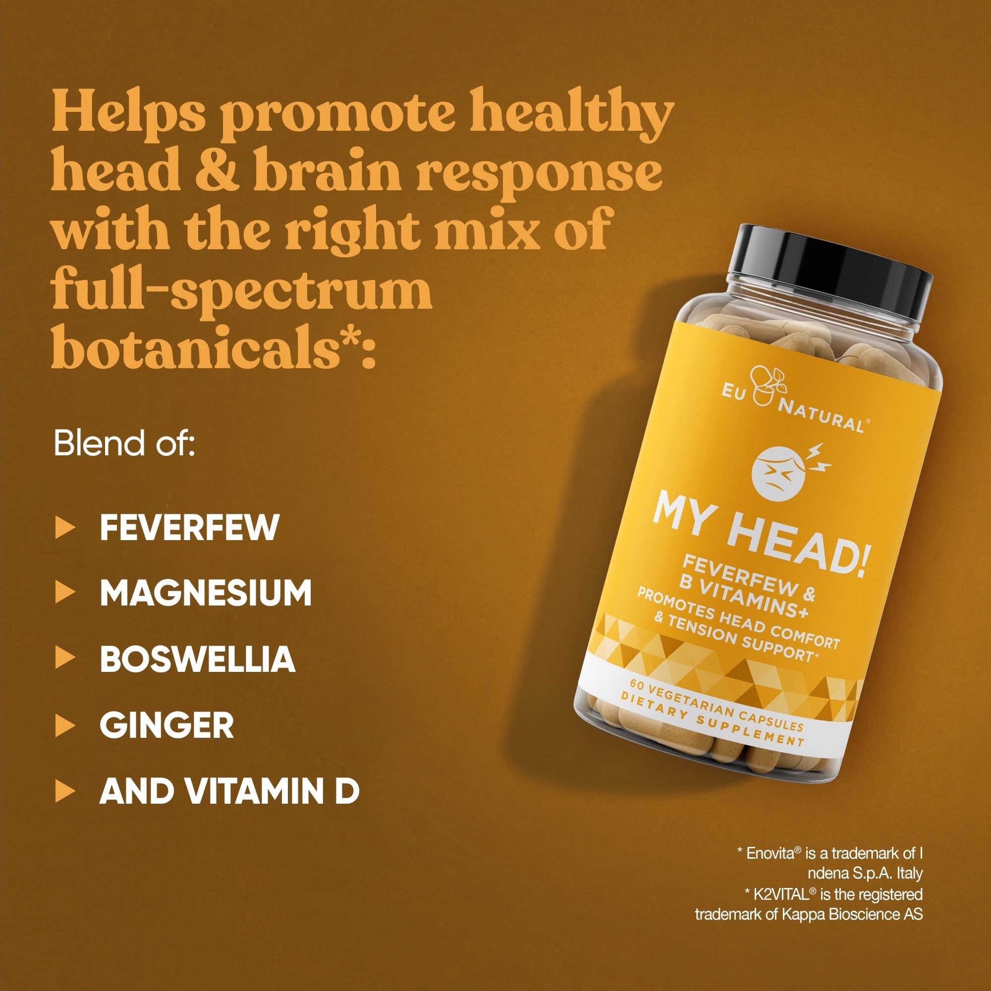 My Head! Headache Vitamins – Sensitivity, Tension, Comfort, Healthy Head Function for A Clear Mind – Fast acting Magnesium, Feverfew, Boswellia, Vitamin D, Ginger, & More – 60 Soft Capsules Eu NaturalAu supplements