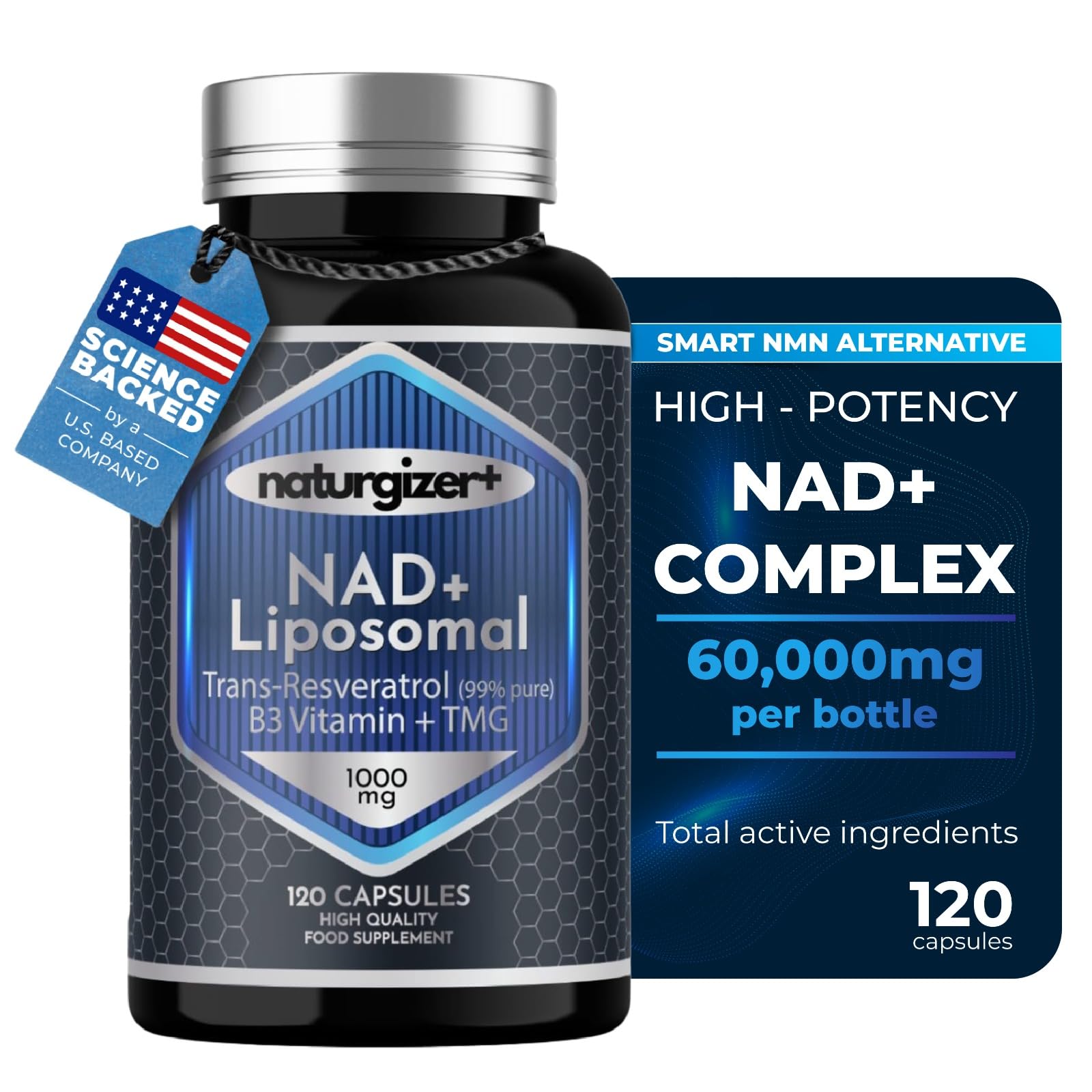 naturgizer+ Liposomal NAD+ Supplement with Resveratrol, TMG & Vitamin B3 | 4-in-1 Healthy Aging & Cellular Energy Support | High Absorption NAD Plus for Men & Women Over 40 | 120 Capsules naturgizer+Au supplements