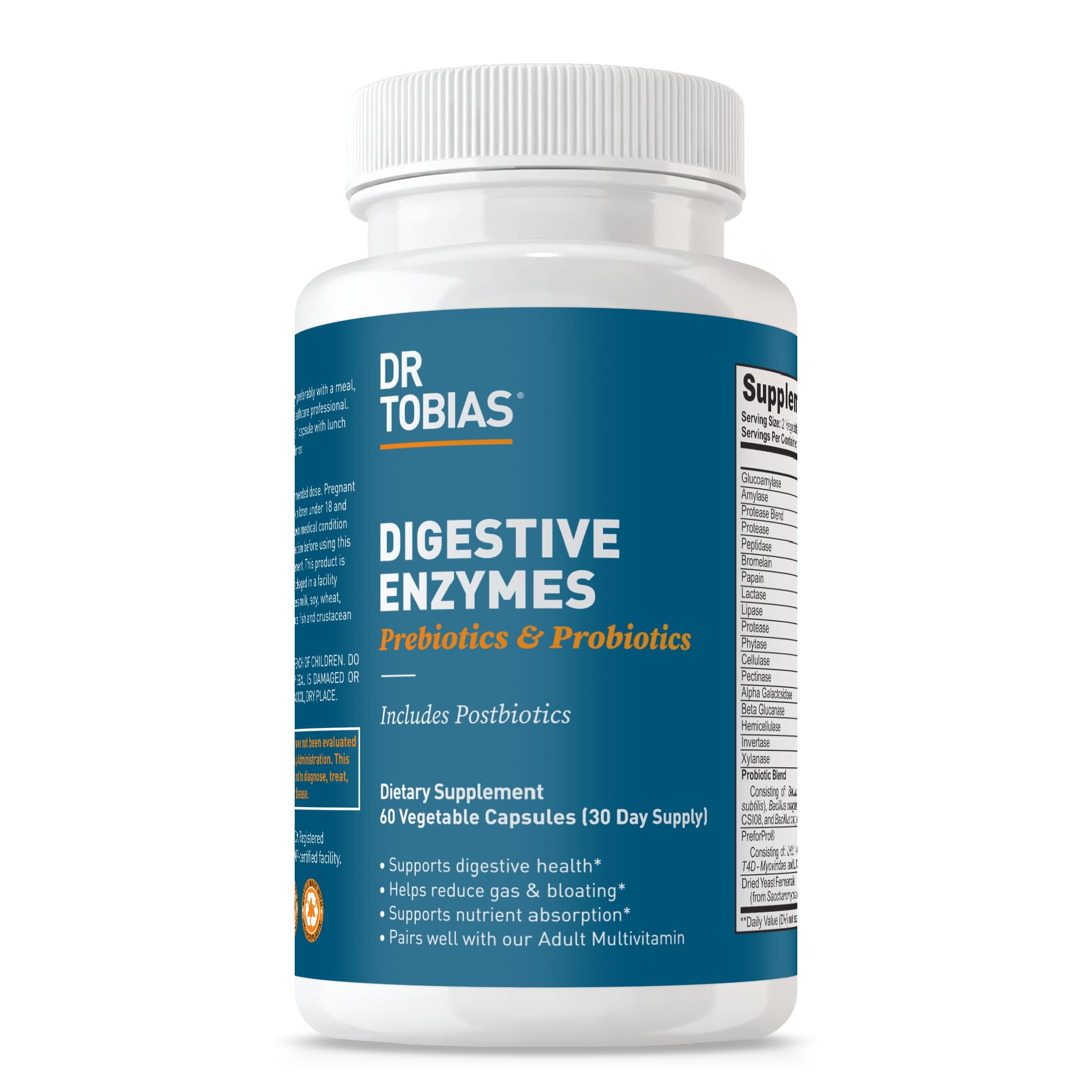 Dr. Tobias Digestive Enzymes with Probiotics, Prebiotics and Postbiotics Bromelain, Amylase, Lipase, for Better Digestion & Immune Function, 60 Capsules, 30 Servings (2 Daily) Dr. TobiasAu supplements