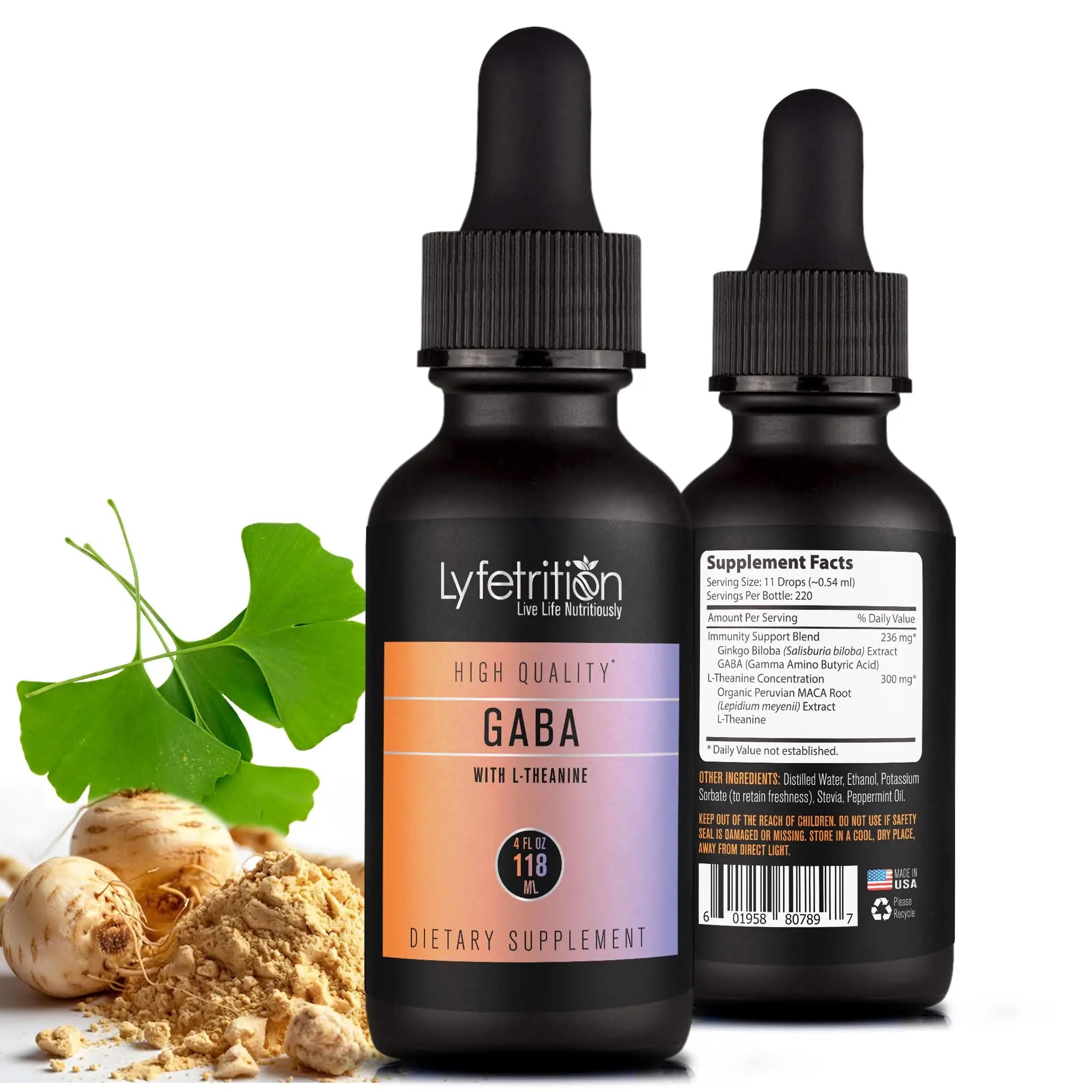 Lyfetrition GABA with L-Theanine, Ginkgo Biloba (Salisburia biloba) Extract, Organic Peruvian MACA Root (Lepidium meyenii) Extract, 118 ml, 4 FL Oz Liquid, 220 Servings, Made in USA, Quick Absorption LyfetritionAu supplements