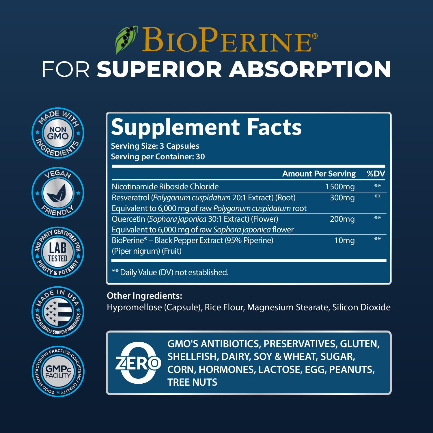 2010 MG NAD+ Supplement- Nicotinamide Riboside, Resveratrol, Quercetin & BioPerine® (High Absorption)- Natural NAD Booster for Anti-Aging, Cellular Energy, Skin- For Women & Men- 90 V Capsules Rainbow Nutrients, LLCAu supplements