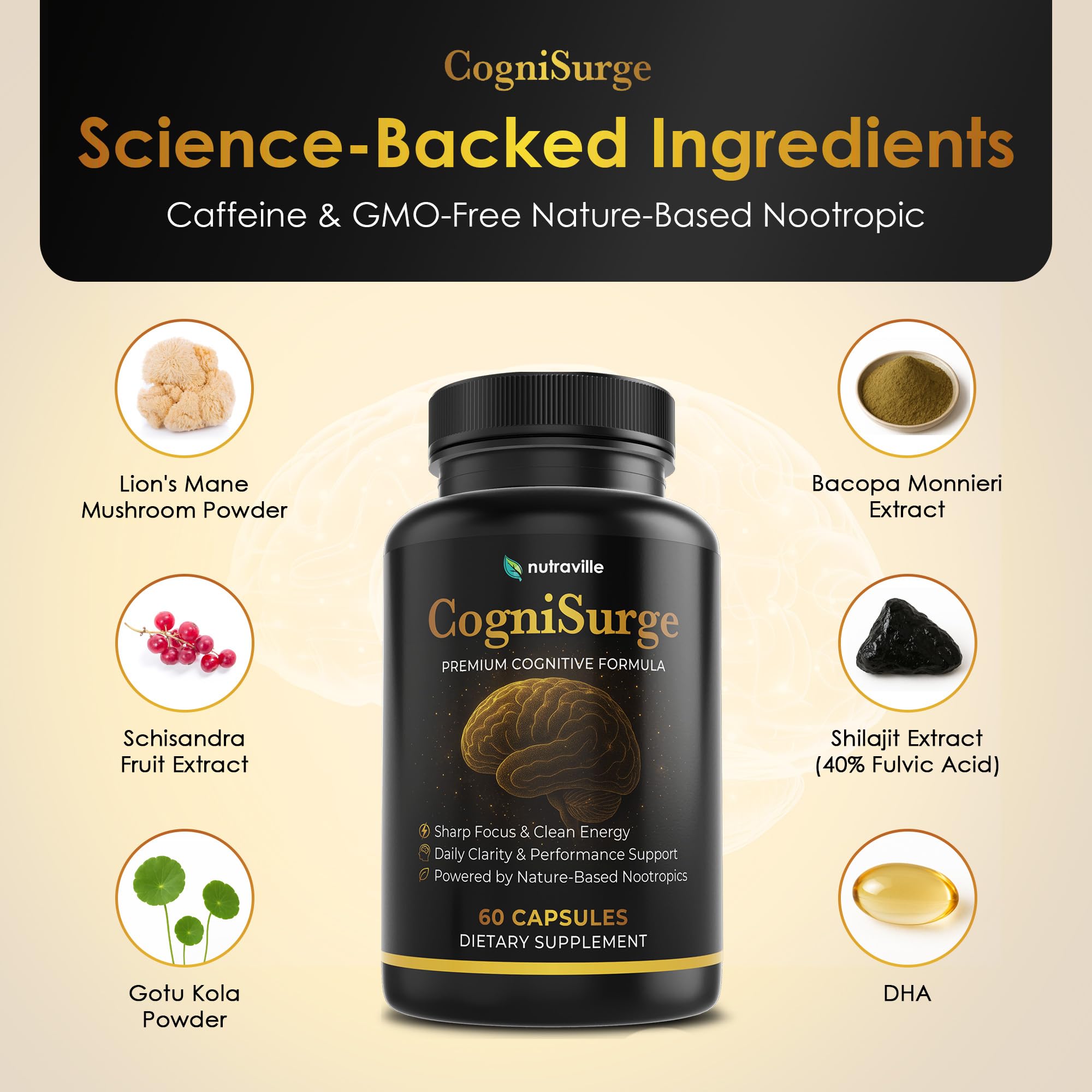 Nutraville CogniSurge Nootropics Brain Support Supplement for Memory and Focus - Nature-Powered Lion's Mane Supplement Capsules with Shilajit - No Caffeine or Stimulants - 30 Servings NutravilleAu supplements