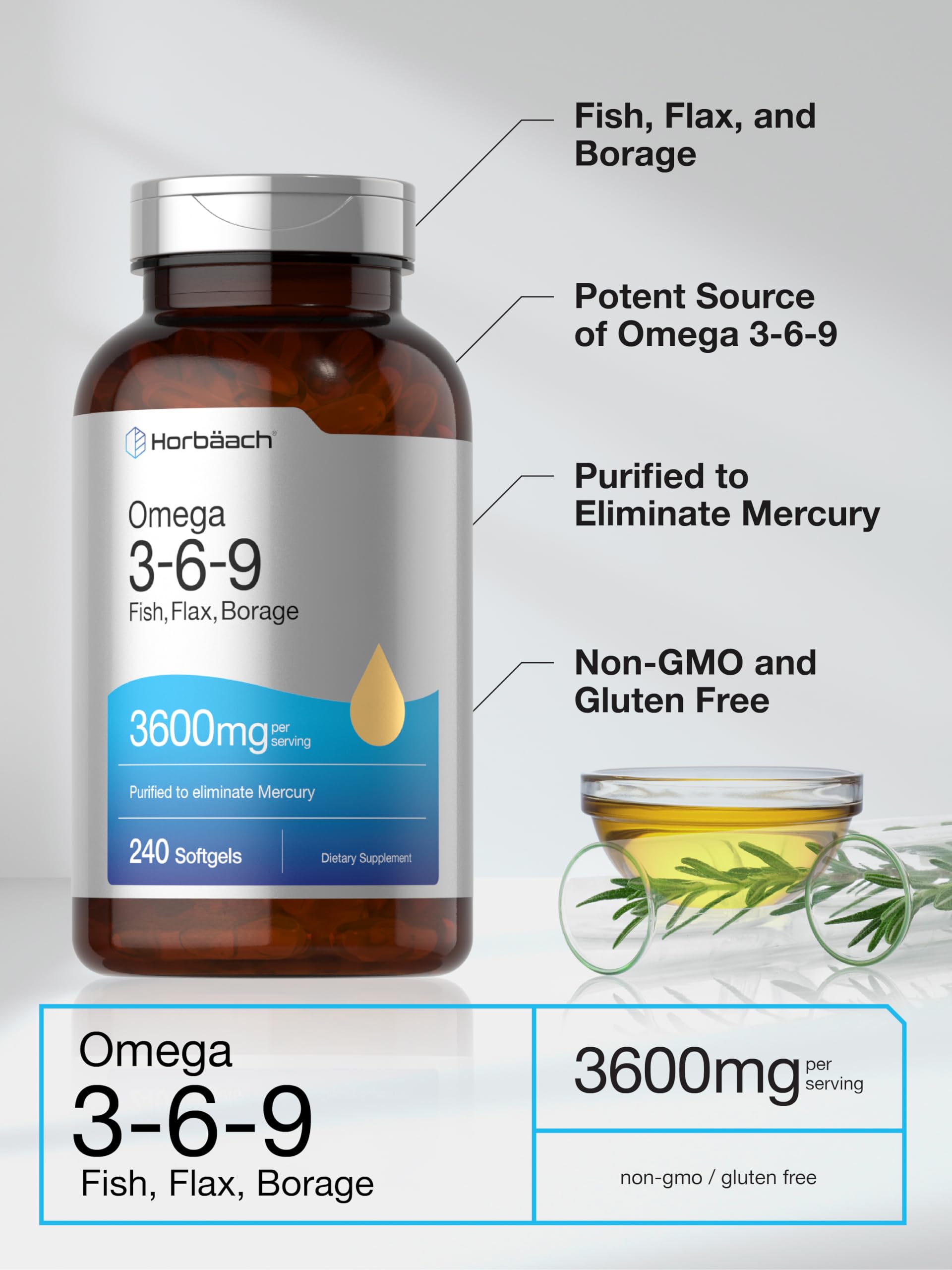 Triple Omega 3-6-9 240 Softgels | from Fish, Flaxseed, Borage Oils | Non-GMO & Gluten HorbäachAu supplements