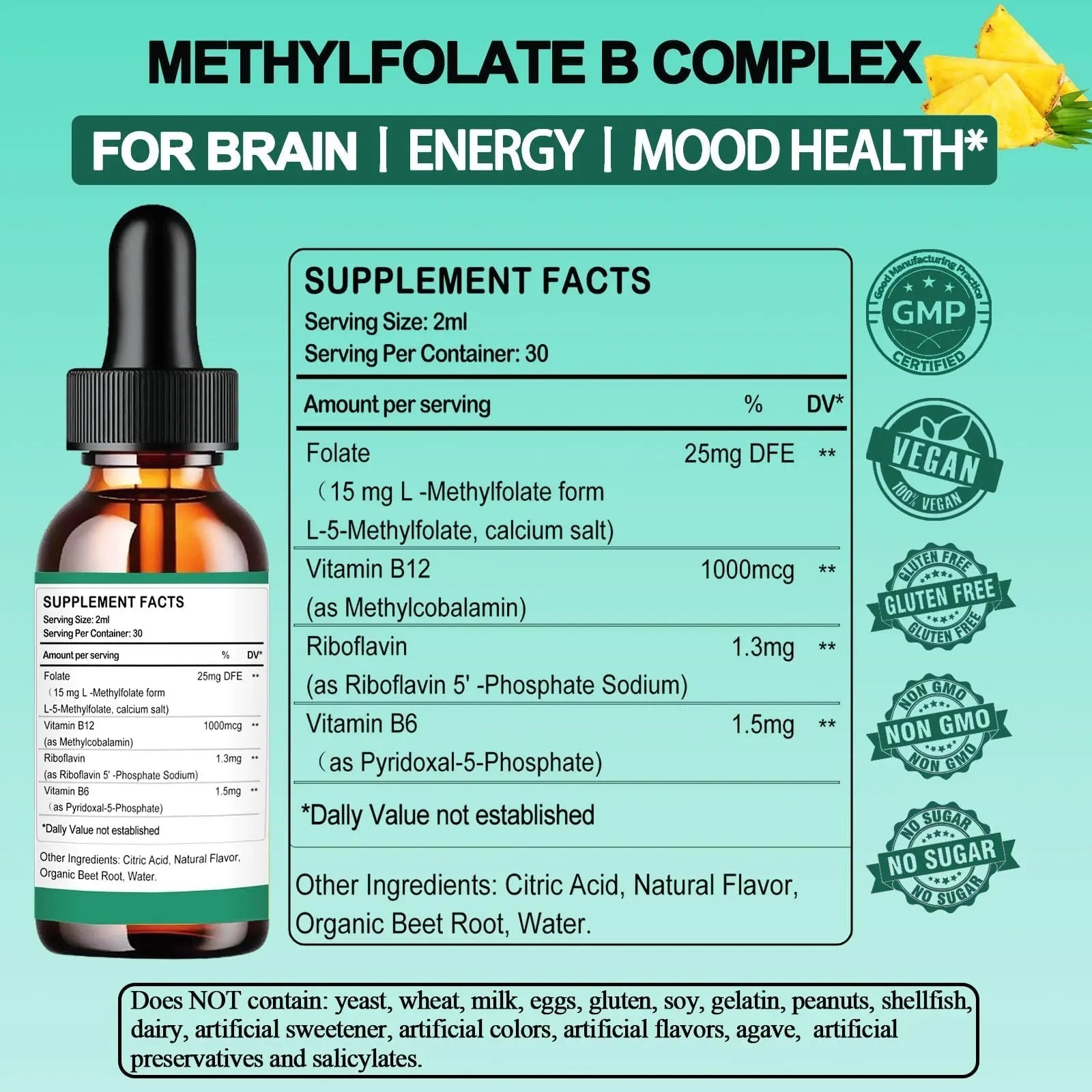 Methylfolate Supplement Liquid Drops, L Methy Folate 15mg Plus Methy B12, B6, B2 Multivitamin, Metabolically Active 5-MTHF Form AMENQ hHEALTHAu supplements