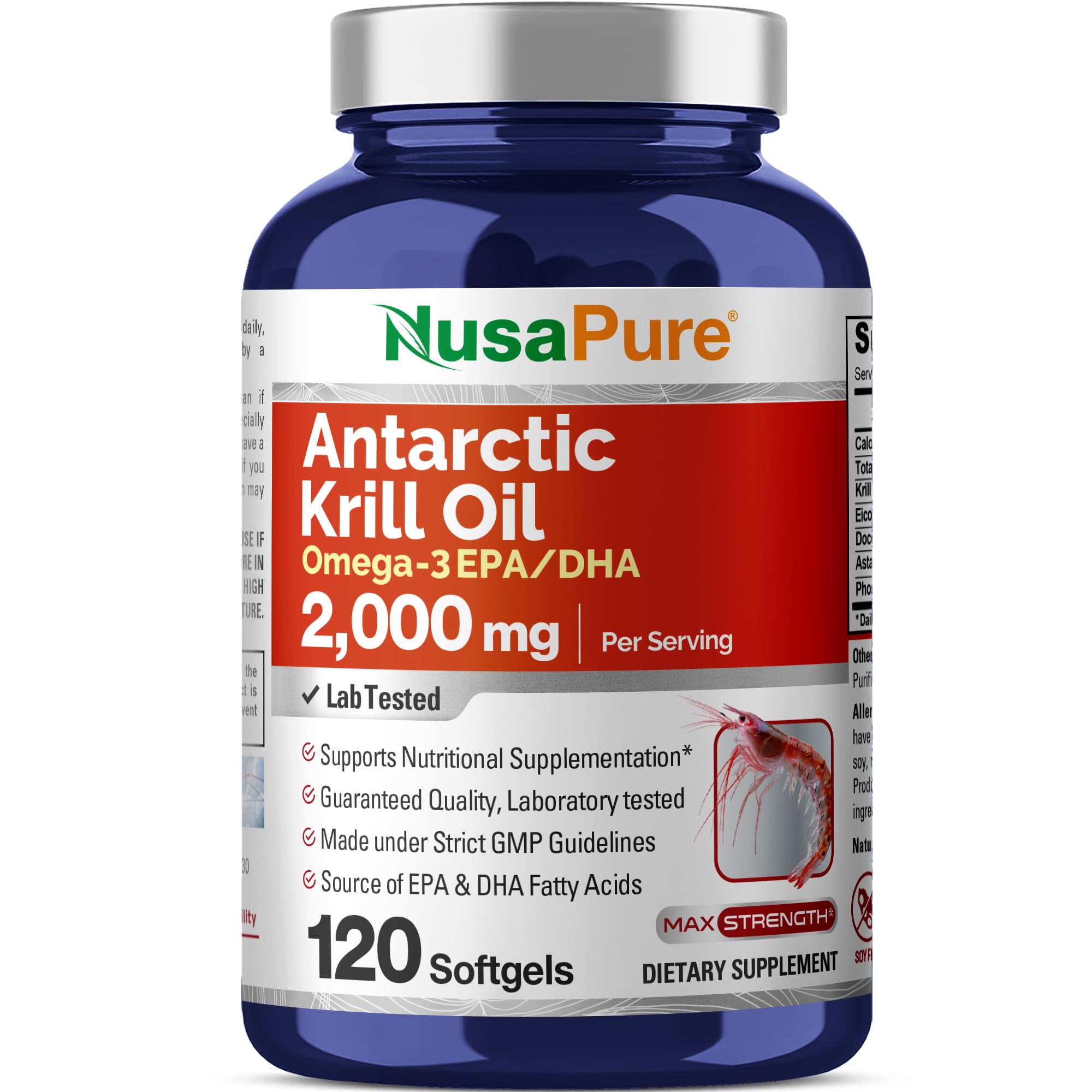 NusaPure Antarctic Krill Oil 2000 mg 120 Softgels, Omega-3 EPA 360mg, DHA 240mg, Soyfree Astaxanthin Supplement Sourced from Krill 800ppm NusaPureAu supplements