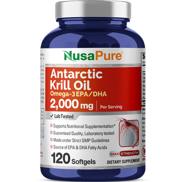NusaPure Antarctic Krill Oil 2000 mg 120 Softgels, Omega-3 EPA 360mg, DHA 240mg, Soyfree Astaxanthin Supplement Sourced from Krill 800ppm NusaPureAu supplements