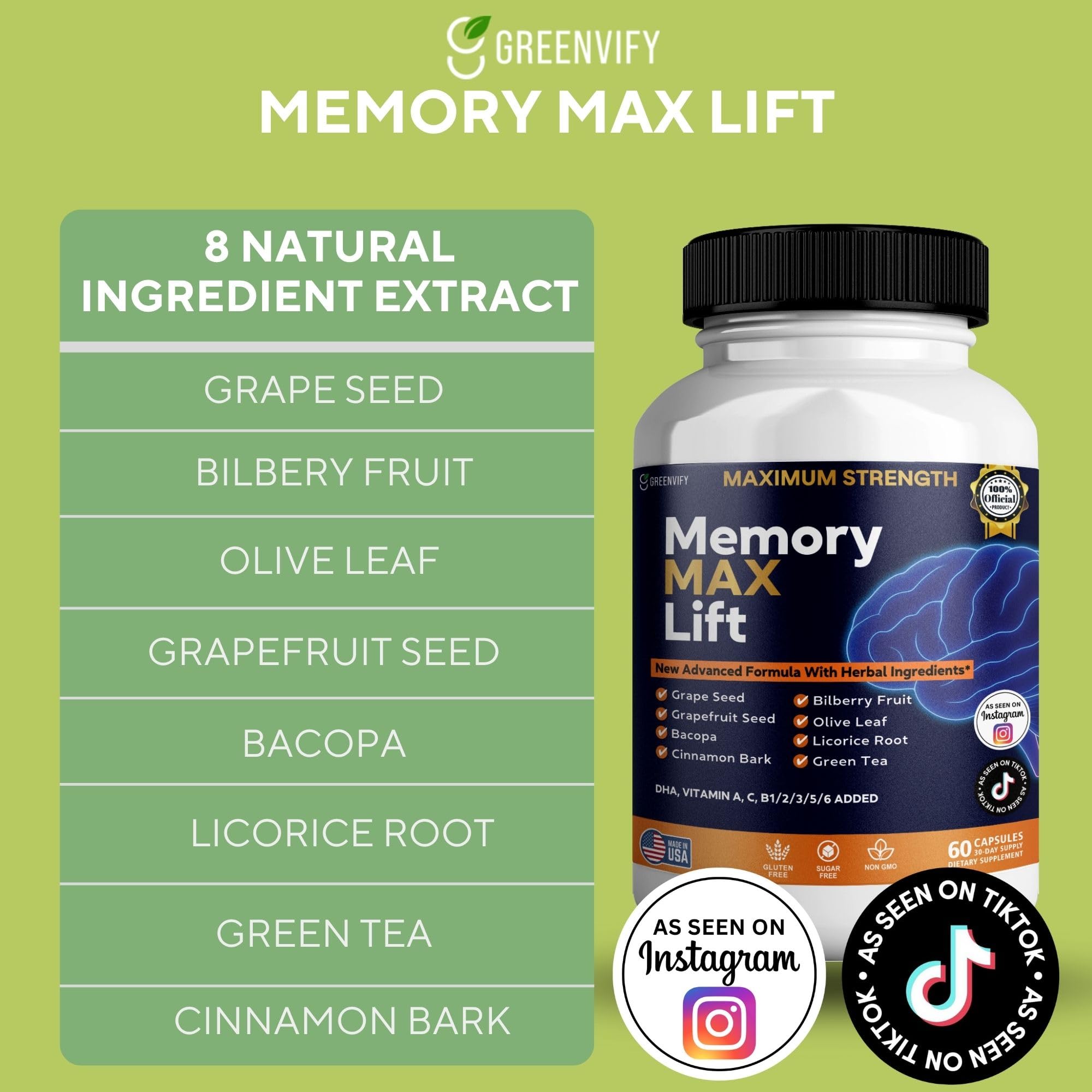 GREENVIFY Memory MAX Lift Brain Support Supplement, 60 Capsules, with Vitamins and Herbal Blend, 30 Day Supply (1) GREENVIFYAu supplements