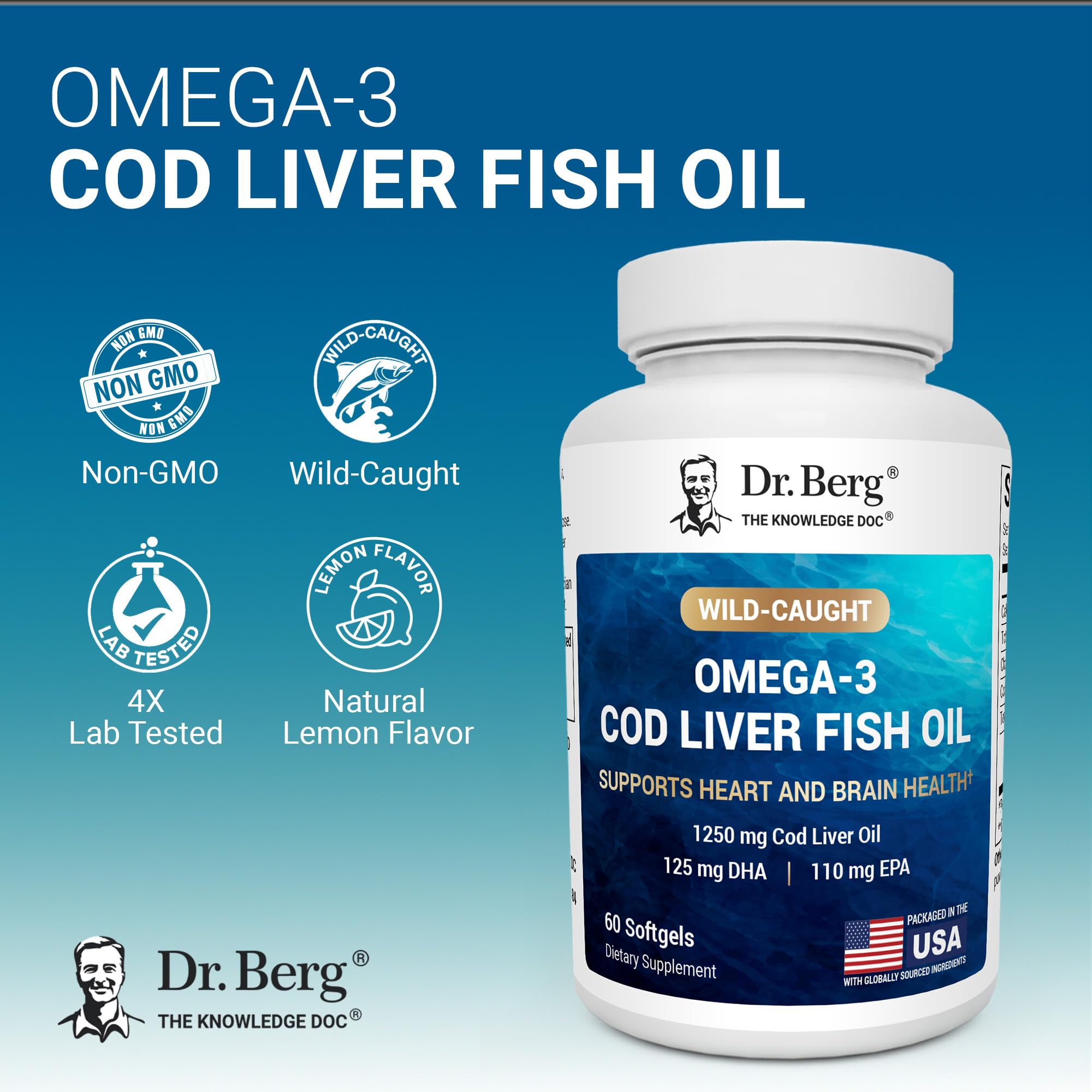 Dr. Berg Omega-3 Cod Liver Fish Oil 60 Softgels – Wild-Caught Icelandic Cod – Omega 3 EPA & DHA – Heart, Brain, Immune & Eye Support* – Lemon Flavor – 4X Lab-Tested – Non-GMO, No Fillers Dr. Berg NutritionalsAu supplements