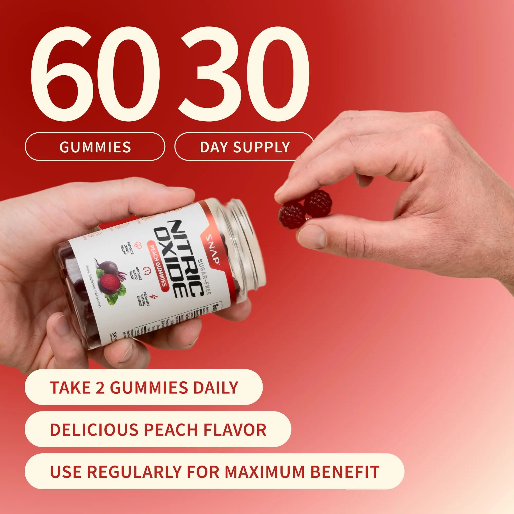 Snap Supplements Nitric Oxide Beet Root Gummies Supplement with Organic Beets - Energy & Circulation Support, 60 Sugar-Free Gummies (30 Servings, 1 Month Supply), Peach Snap Supplementsnz supplements