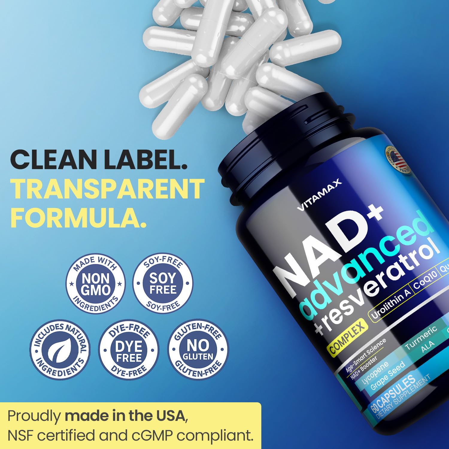 Liposomal NAD+ Supplement Extra Strength | Urolithin A, Resveratrol, CoQ10 - Women & Men - ALA, Green Tea, Quercetin, Lycopene | High Purity, Energy & Regeneration - Made in USA – 60ct VitamaxAu supplements