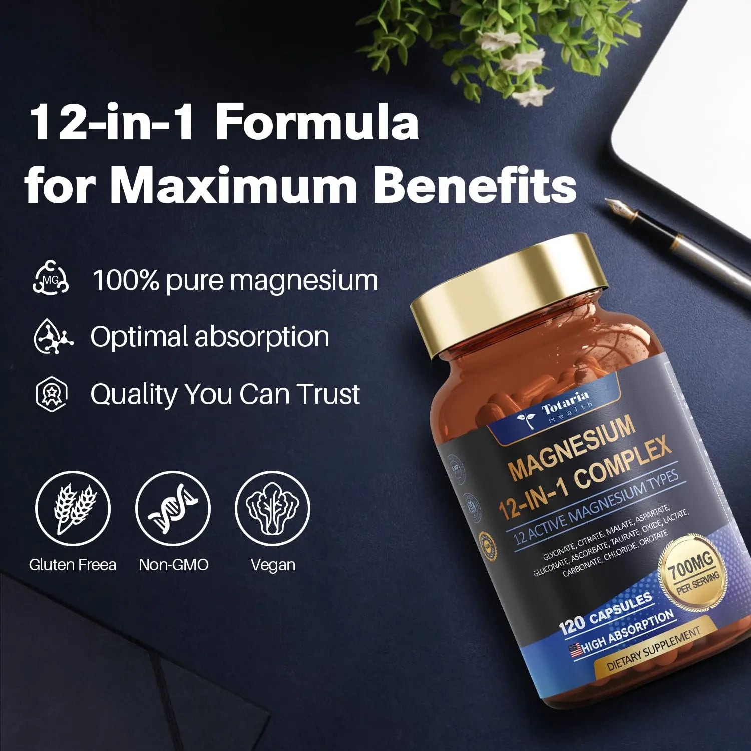 Magnesium Complex 700mg 12 in 1 Magnesium Supplement with Glycinate Citrate Malate Oxide Taurate Aspartate Orotate Magnesium Relaxation,Muscle,Heart Support, Vegan 120 Capsules 2PK Totarianz supplements