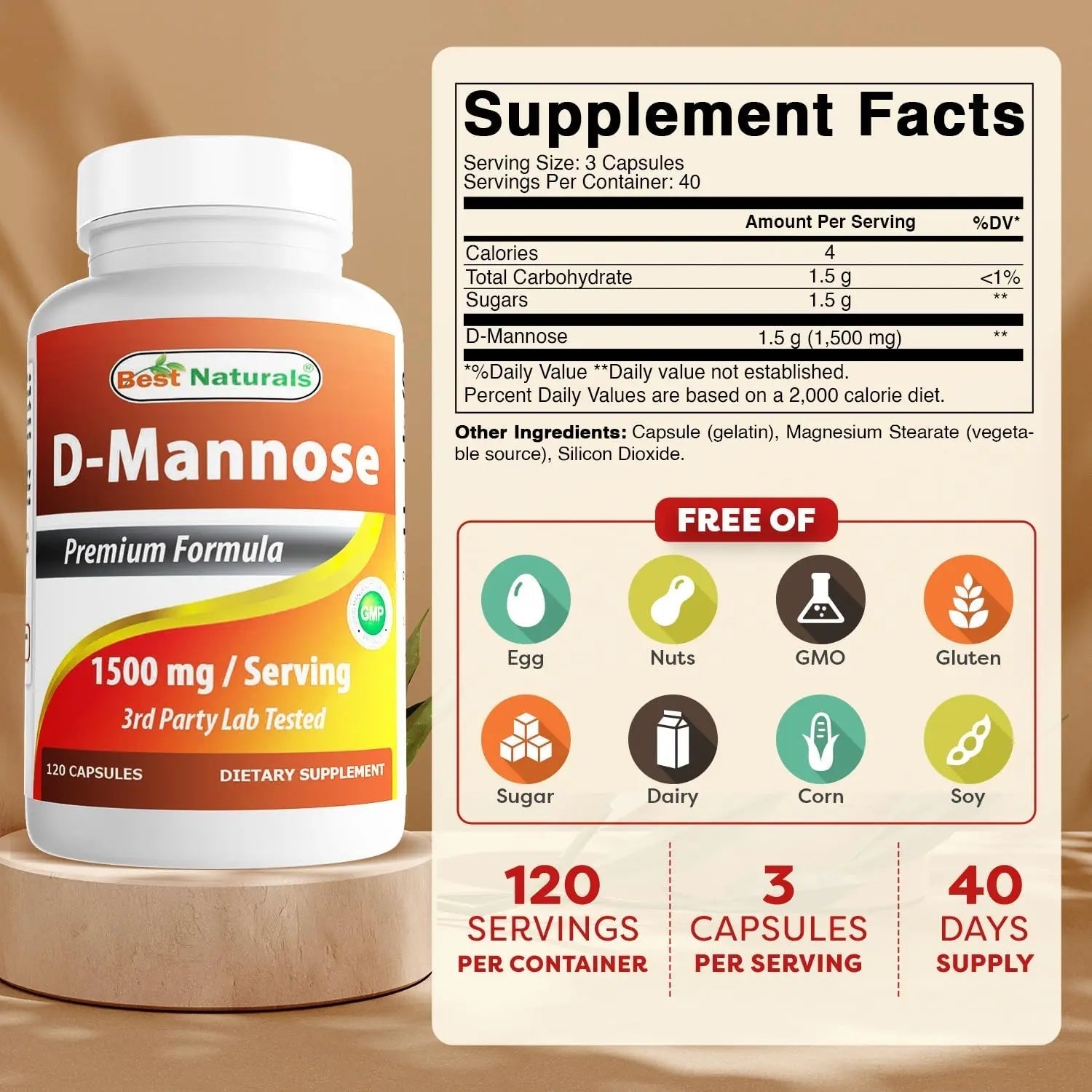 Best Naturals D-Mannose Capsules - Urinary Tract Cleanse Supplement 1500mg/Serving - 120 Count Best NaturalsAu supplements