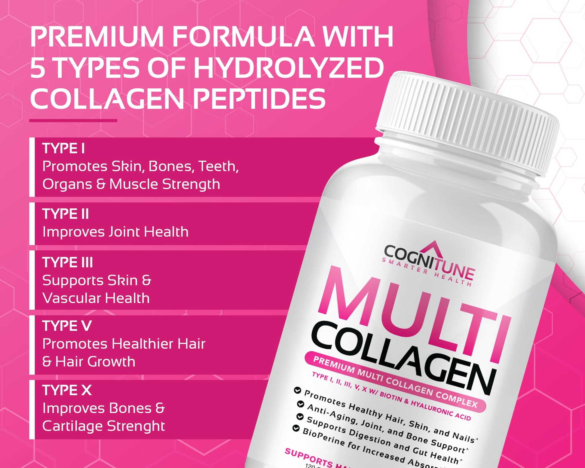 CogniTune Multi Collagen Peptides for Women with Biotin, Hyaluronic Acid, Vitamin C - 5 Types I II III V X Colageno Hidrolizado - 2000mg Hair Skin Nails Joints Support - 120 Capsules CogniTuneAu supplements