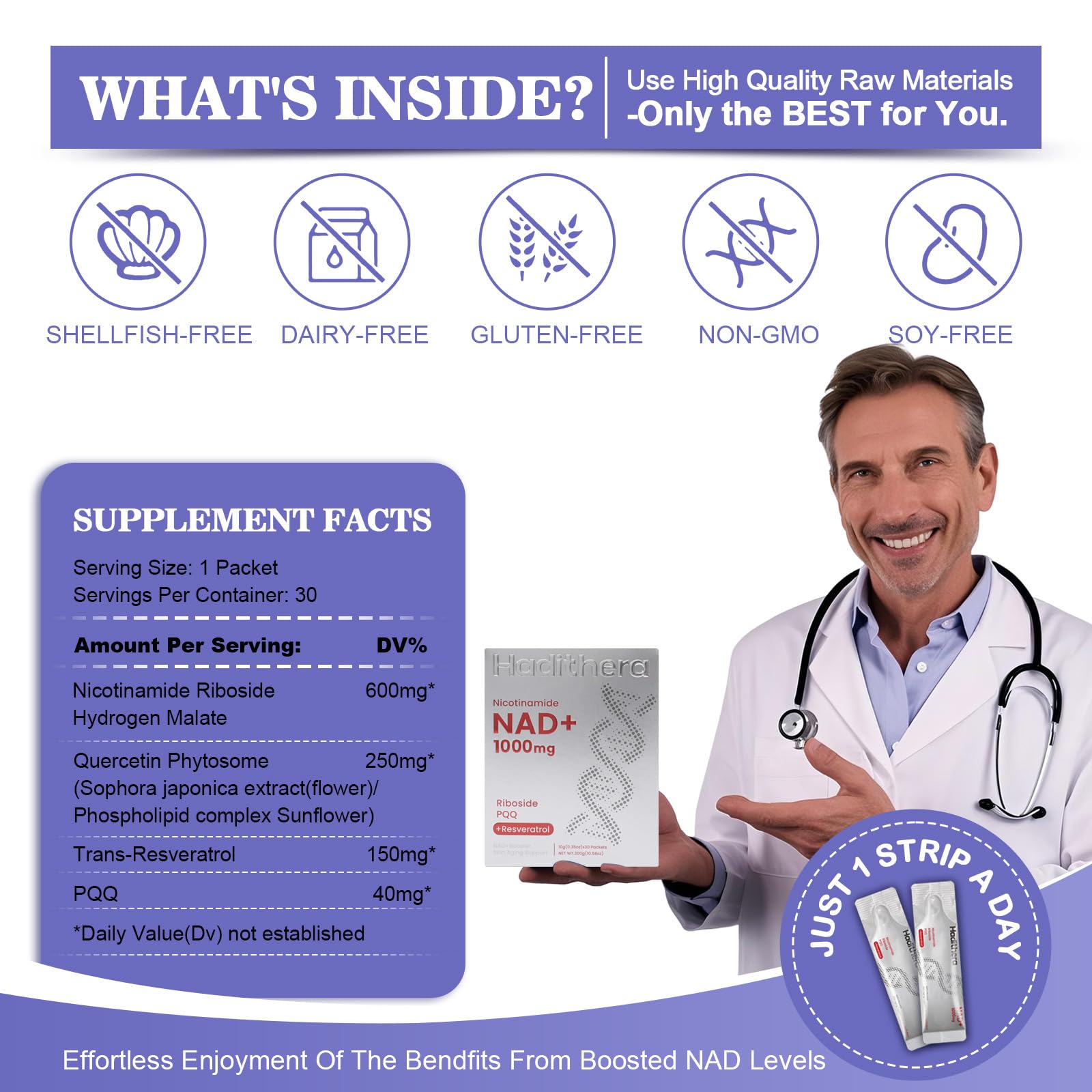 Haditheran NAD Supplement 1000mg Synergistic Blend with Nicotinamide Riboside, PQQ & Resveratrol - Premium Anti-Aging Supplement for Cellular Energy, Mental Clarity and Longevity (30 Packets) HaditheranAu supplements