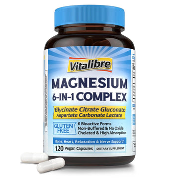 Vitalibre 6 in 1 Magnesium Complex for Women Men, 260mg Elemental Magnesium | Max Absorption | Chelated Magnesium Supplement for Bone, Relaxation & Nerves Support | Non-GMO, 120 Vegan Capsules VitalibreAu supplements