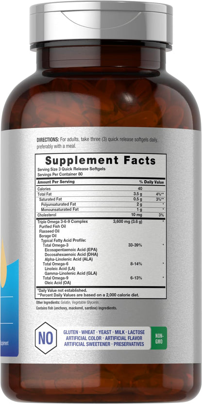 Triple Omega 3-6-9 240 Softgels | from Fish, Flaxseed, Borage Oils | Non-GMO & Gluten HorbäachUS supplements