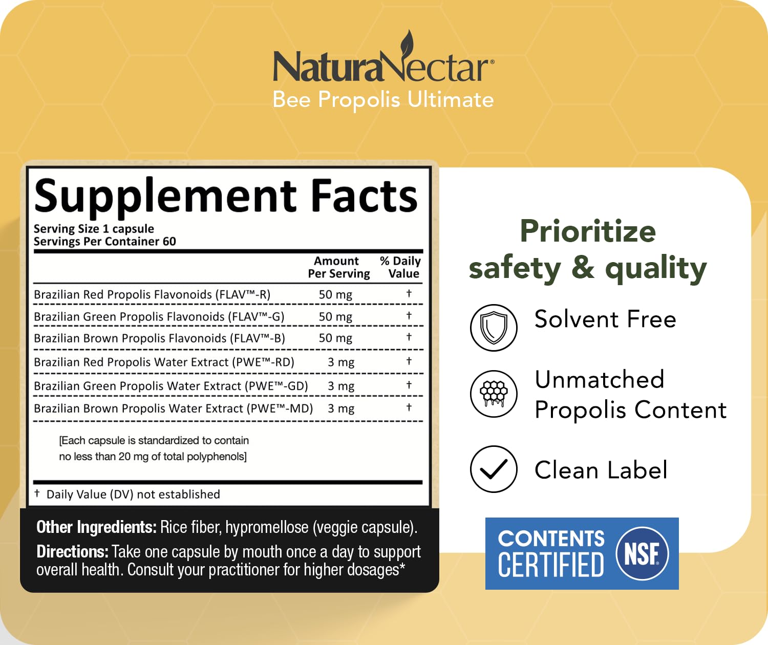 NaturaNectar - Ultimate Bee Propolis Capsules - NSF Contents Certified -Brazilian Red, Brown, & Green - Gluten-Free Supplement with Flavonoids - Naturally Sourced Through Ethical Beekeeping (60pcs.) NaturaNectarAu supplements