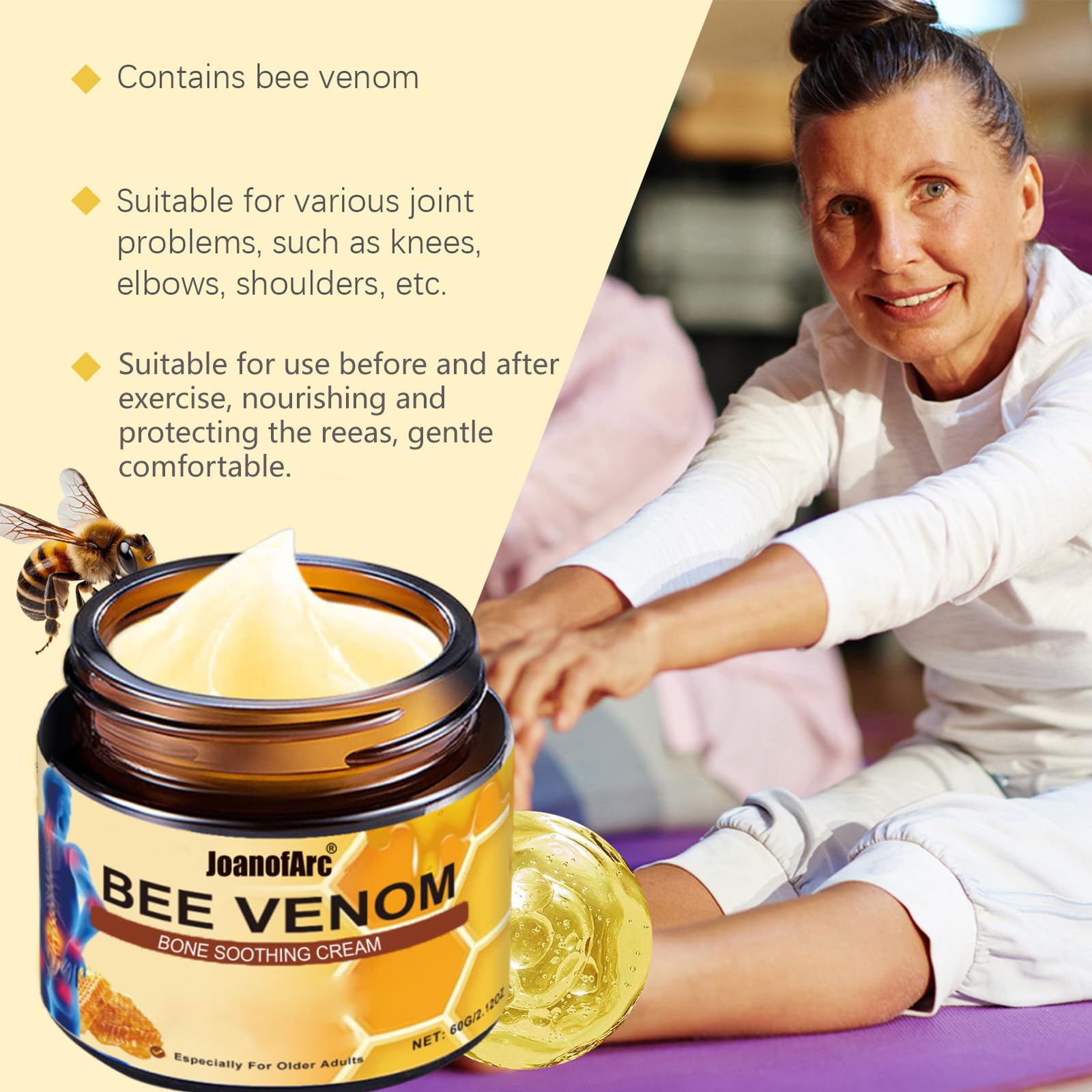 Bee Venom Joint Cream, Natural Bee Venom Skin Cream, Bee Venom Advanced Joint & Bone Cream, Suitable for Everyday Back, Waist, Neck, Hands, Knees, Light Non-Sticky for Men Women Aldult - 2.11 Oz/60g JoanofArcAu supplements