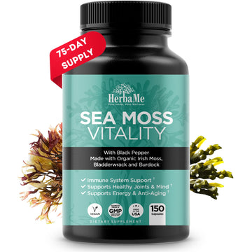 HerbaMe Organic Irish Sea Moss with Bladderwrack, Burdock Root & Black Pepper Extract, 150 Capsules, Thyroid Support, Natural Iodine Source, Promotes Immune System, Cell Food, Alkaline Supplement HerbaMeAu supplements