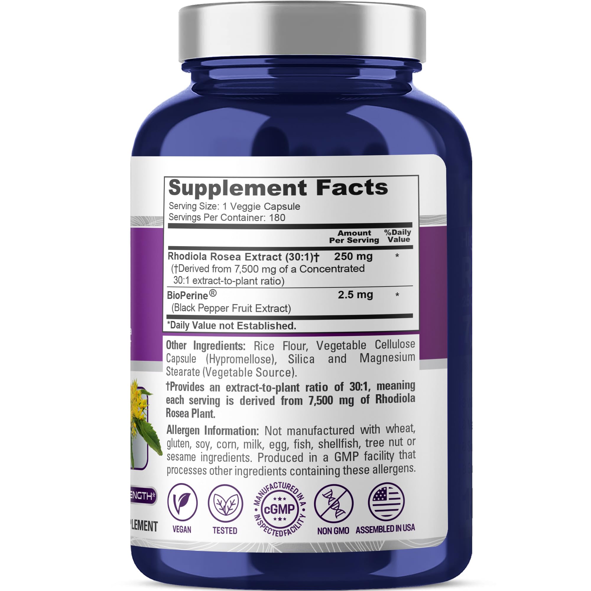 NusaPure Rhodiola Rosea 7,500mg 180 Veggie Capsules (Non-GMO, Extract 30:1, Vegan & Gluten-Free) Bioperine NusaPureAu supplements
