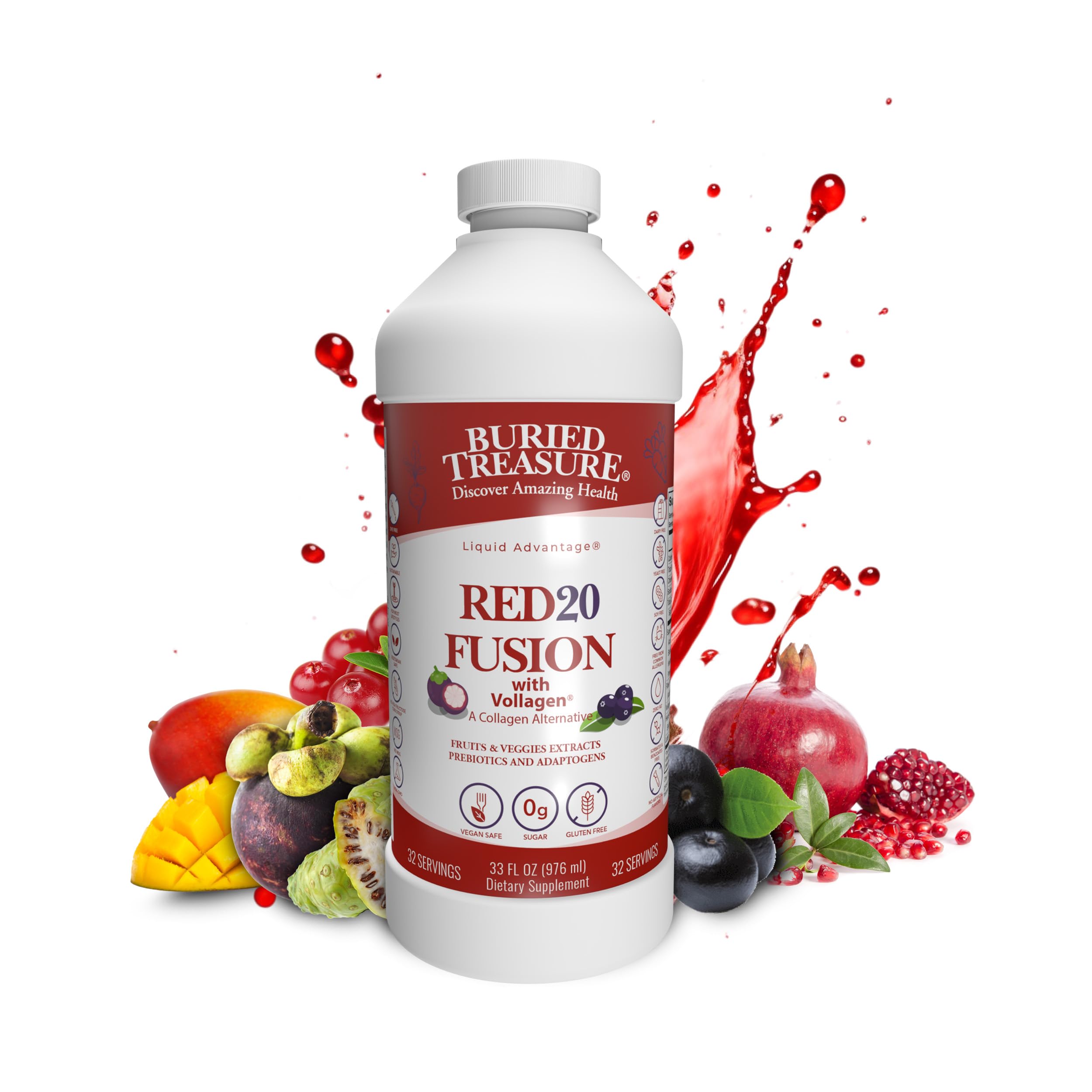 Buried Treasure Red20 Fusion Superfood Blend – Acai, Beets, Blueberry, Fiber, Adaptogens, Lutein, Vegan Vollagen, Natural Energy, Digestion, Eye Health & Wellness Support, 32oz Liquid Buried TreasureAu supplements