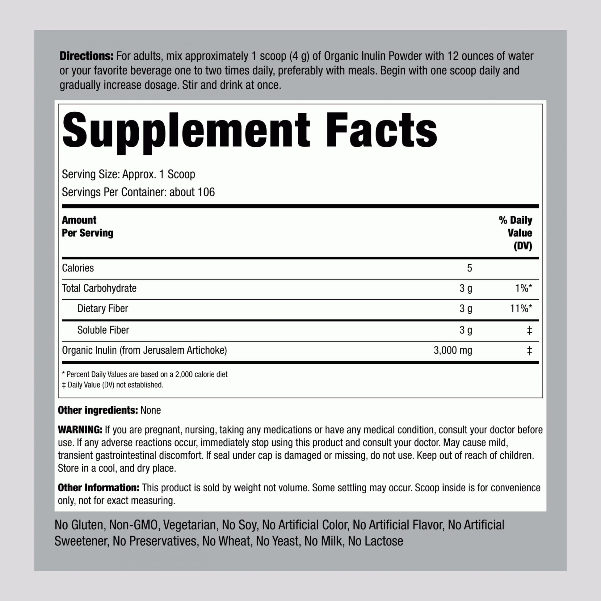 Piping Rock Organic Inulin Powder | 15 oz | Soluble Fiber Supplement | FOS Powder | Vegetarian, Non-GMO, Gluten Free Piping RockAu supplements