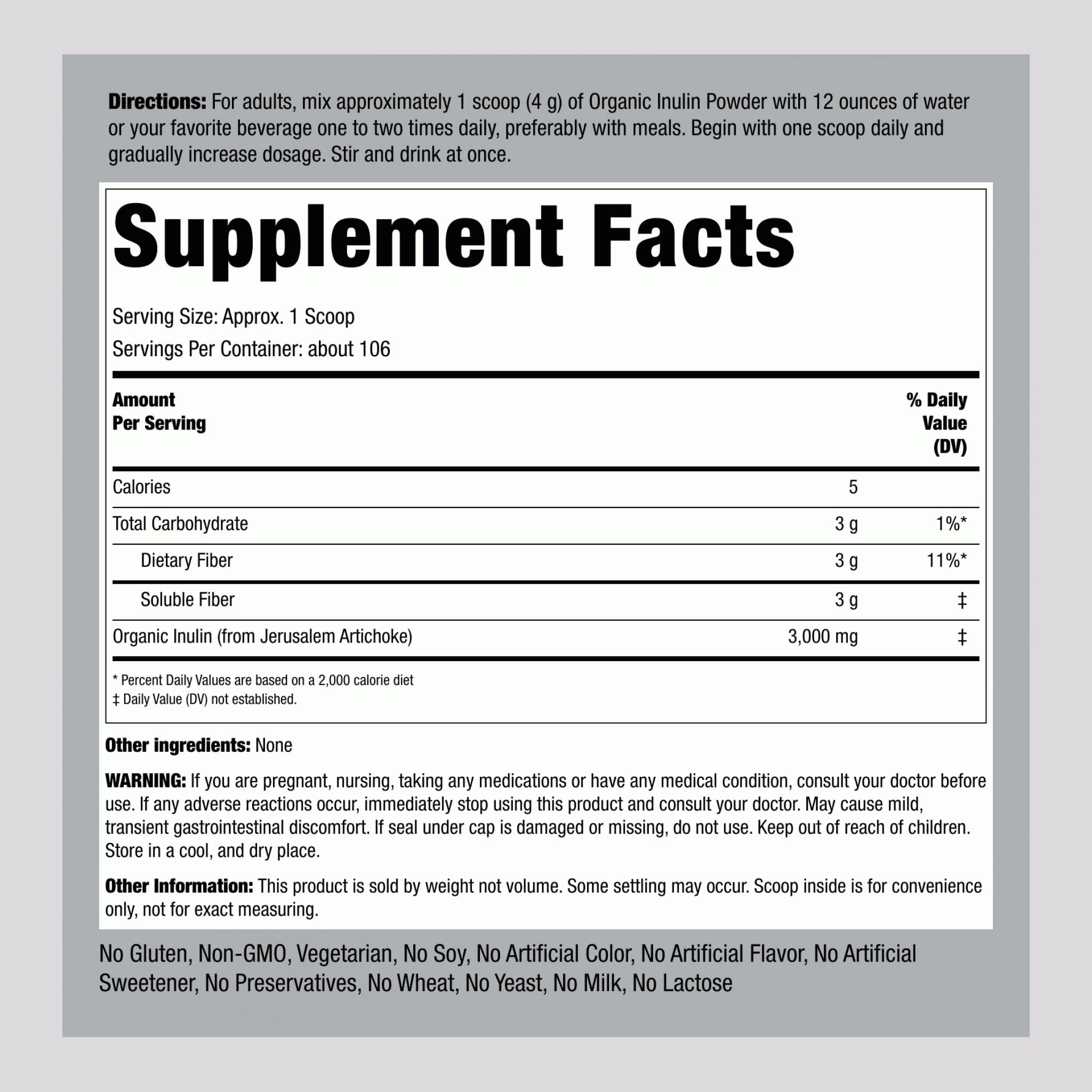 Piping Rock Organic Inulin Powder | 15 oz | Soluble Fiber Supplement | FOS Powder | Vegetarian, Non-GMO, Gluten Free Piping RockAu supplements