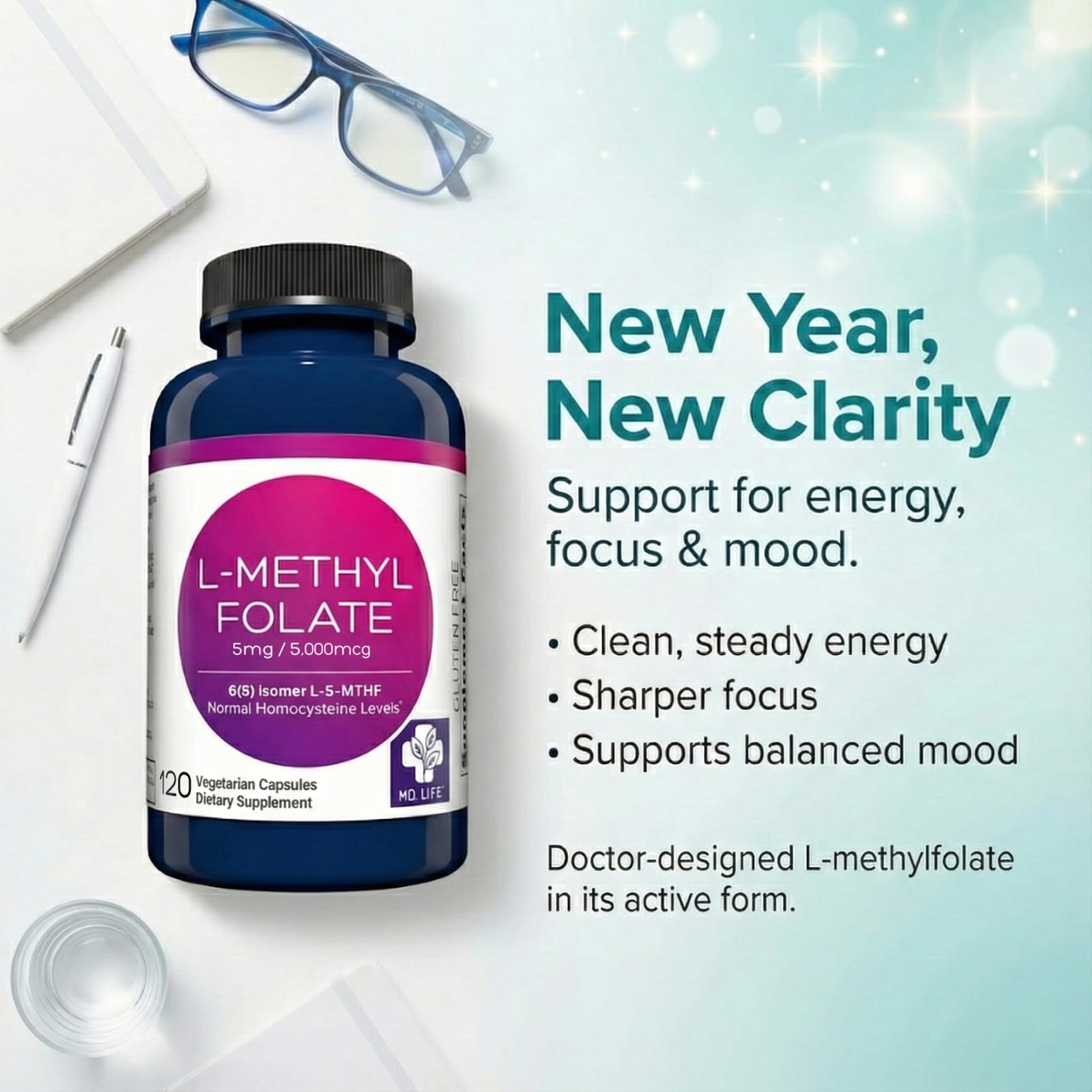 MD Life L-Methylfolate 5 mg Supplement - Professional-Grade Active L Methylfolate Supplement - 120 Capsules - L-Methylfolate 5mg - Maximum Potency MTHFR W/Essential Amino Acids MD.LIFEAu supplements