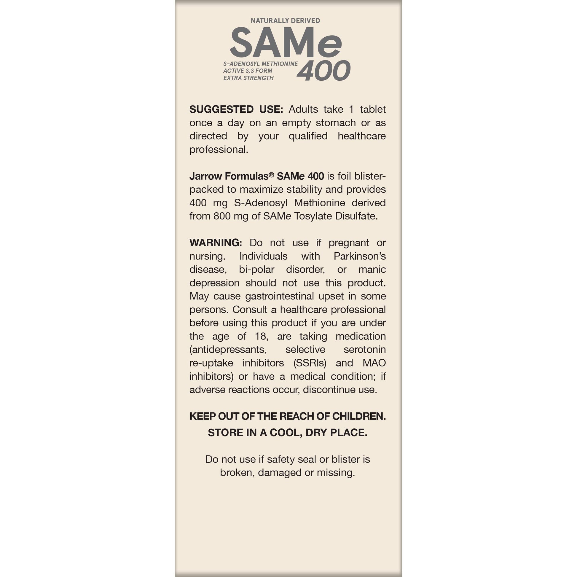 Jarrow Formulas SAMe Supplement 400 mg - 60 Tablets - High Concentration of Active S,S Form - Supports Joint Health, Liver Function, Brain Metabolism, Balanced Mood & Antioxidant Defense - 60 Servings Jarrow FormulasAu supplements
