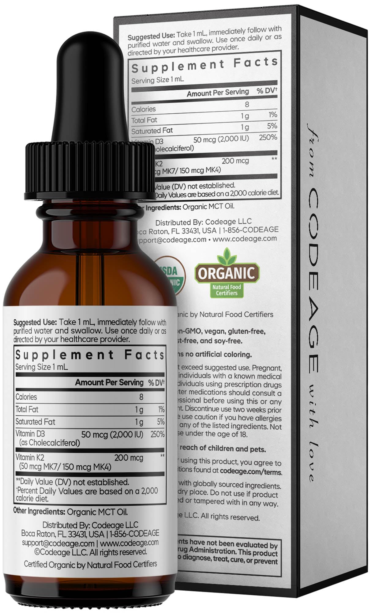 Codeage Liquid D3+K2 Vitamins USDA Organic - Vitamin D3 2000 IU, Vitamin K2 (MK4 & MK7) Liquid Drops - Immune Support - Unflavored - Organic MCT Oil - Non-GMO - 1 fl oz CodeageAu supplements