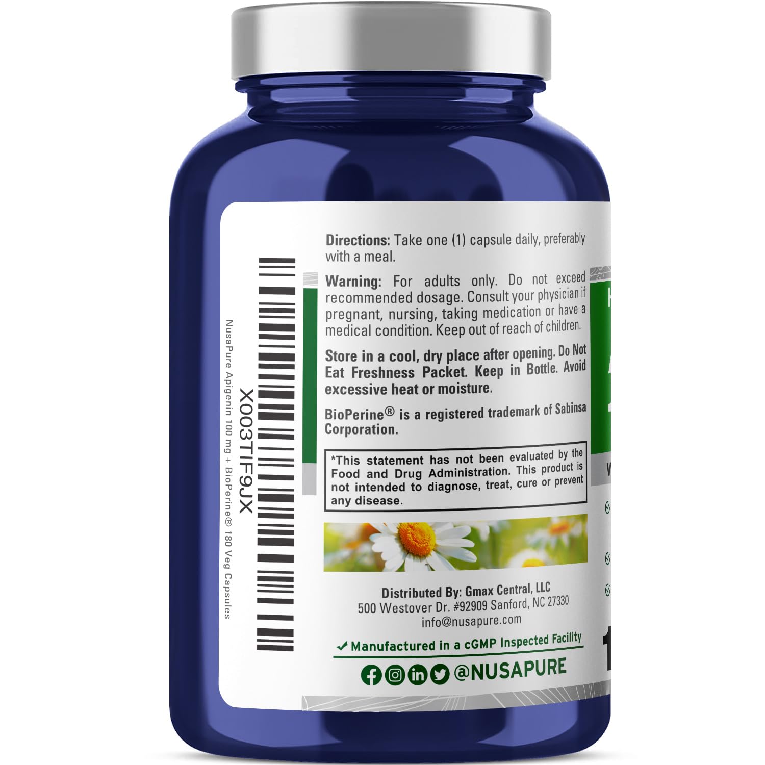 NusaPure Apigenin 100 mg per Capsule 180 Vcaps - Bioperine (Non-GMO, Gluten Free) NusaPureAu supplements