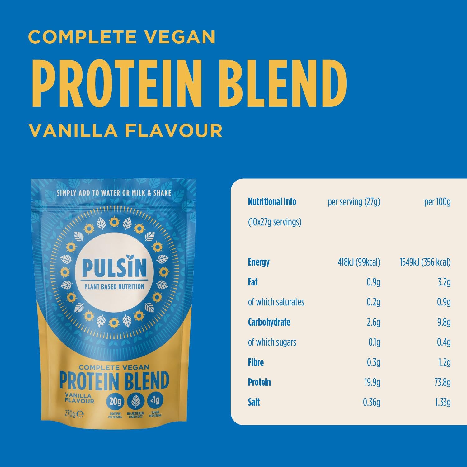 Pulsin plant based nutrition,Complete vegan protein blend,Vanilla flavour 270 g PulsinAu supplements
