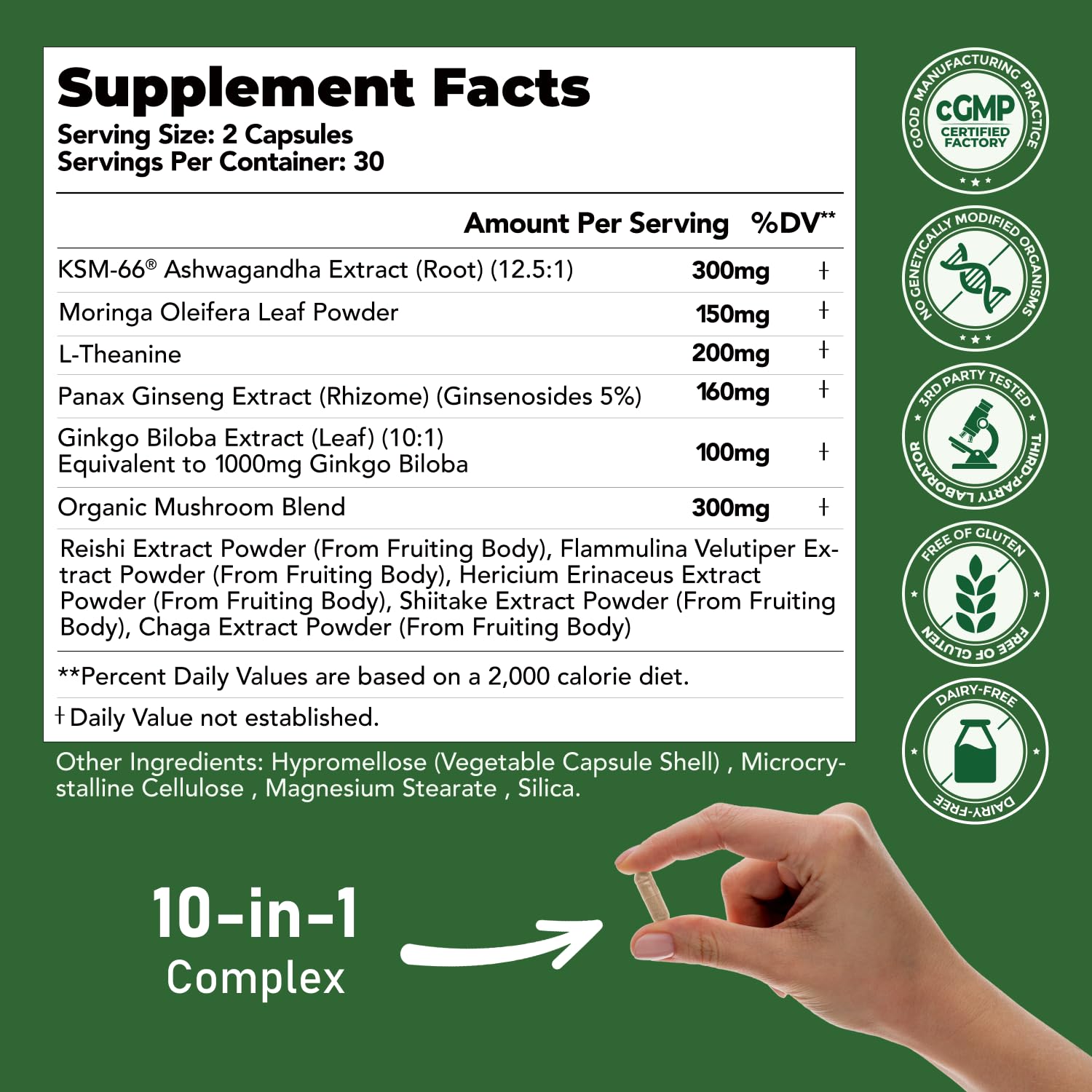 GlowEver KSM-66 Ashwagandha Supplements with L-Theanine Moringa Organic Mushrooms Complex Ginseng Ginkgo Biloba - Mood & Energy Support, Cortisol Manager, Immune Support, 60 Vegan Capsules GlowEverAu supplements