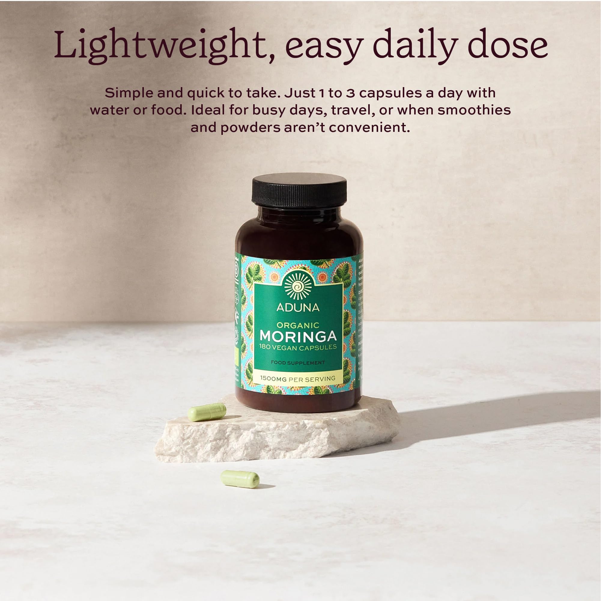 Aduna Organic Moringa Capsules 1500mg | 100% Pure Moringa Leaf for Energy, Immunity & Focus | Natural Plant-Based Food Supplement for Tiredness, Recovery & Breastfeeding | 180 Vegan Capsules AdunaAu supplements