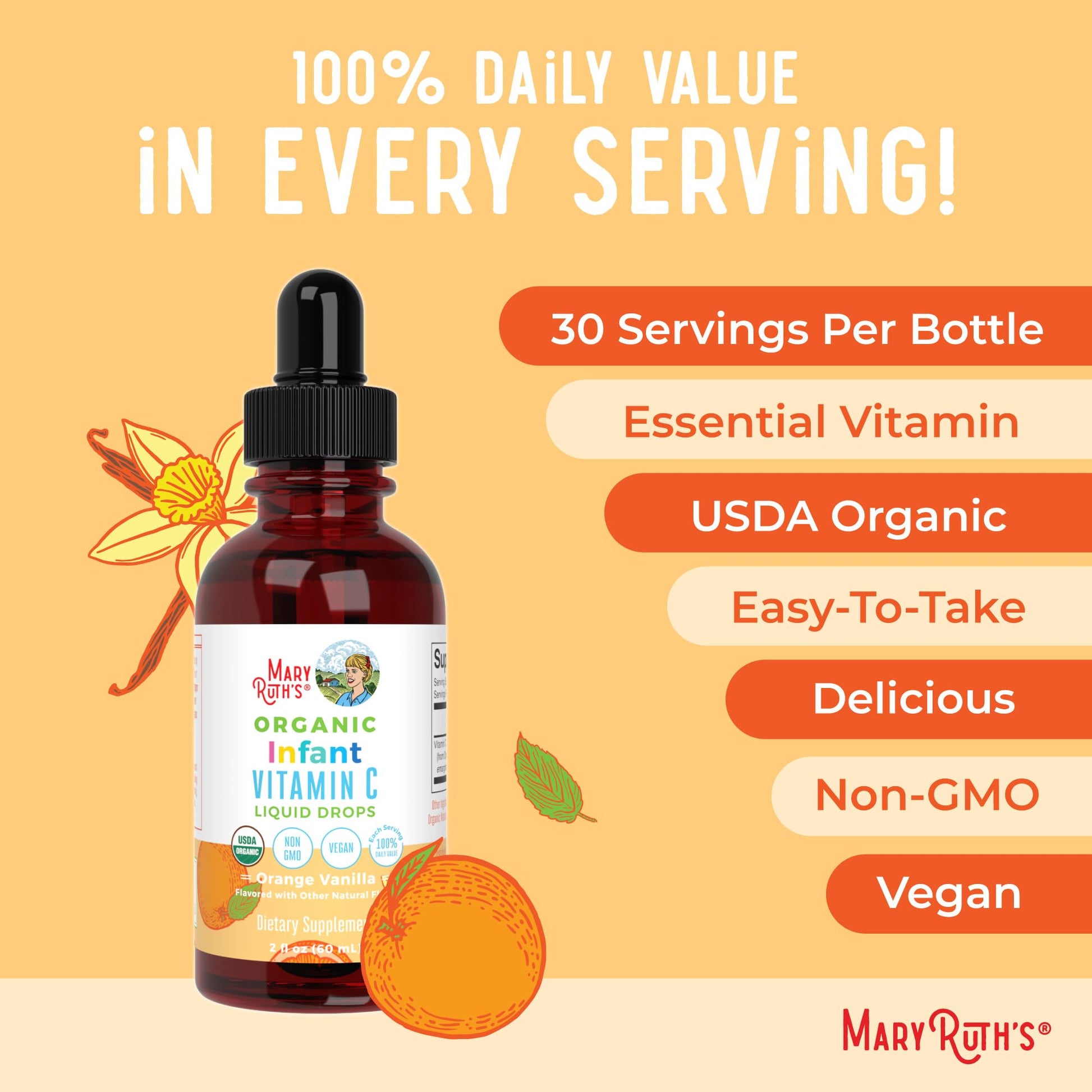 MaryRuth Organics Infant & Baby Vitamin C Supplement | USDA Organic Vitamin C Liquid Drops for Infants | Ages 6-12 Months | Immune Support | Overall Health | Vegan | Non-GMO | Gluten Free | 2 Fl Oz MARYRUTH'SUS supplements