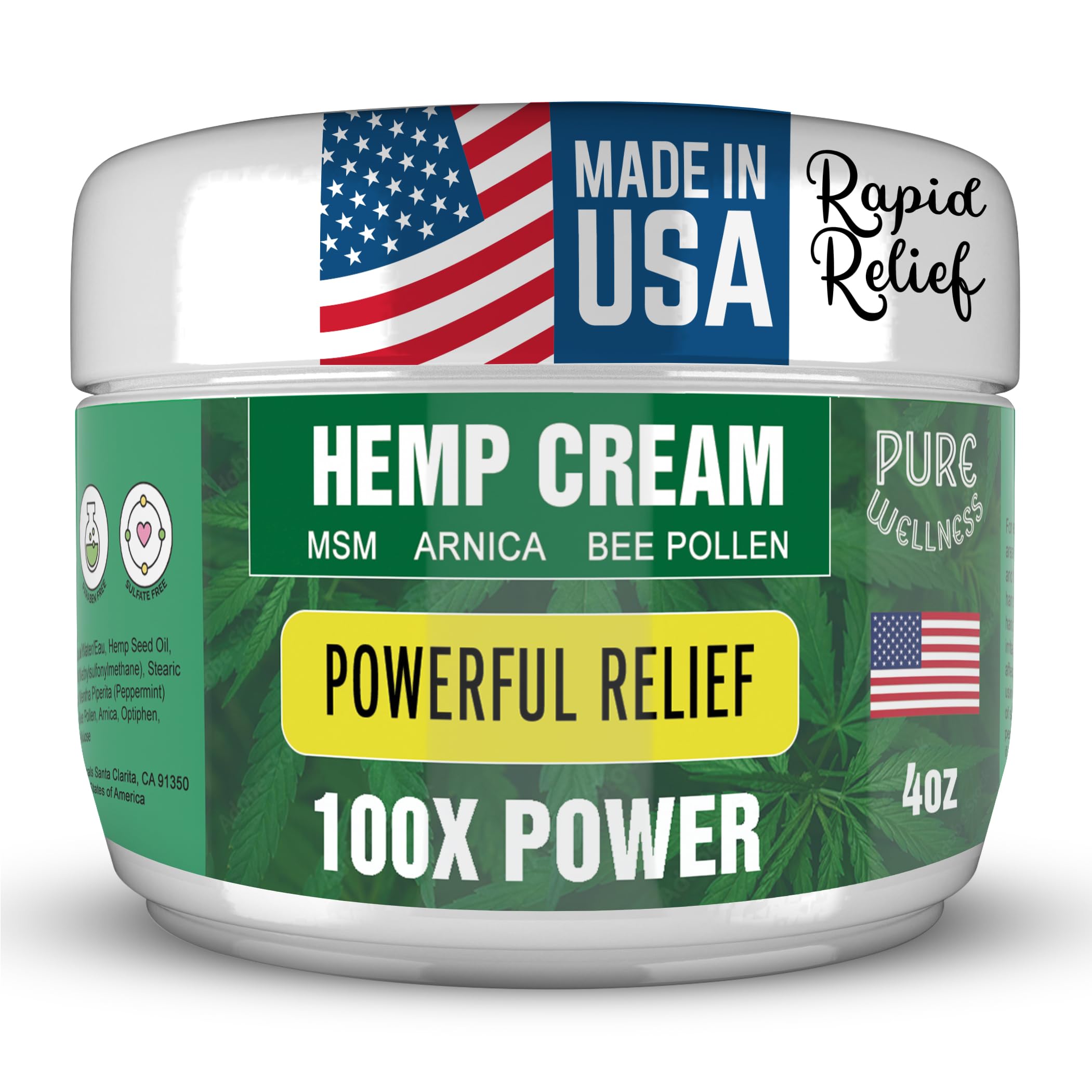 Pure Wellness Hemp Cream Maximum Strength 100,000mg with MSM, Arnica & Bee Pollen - 4 Oz, Supports Relief & Soothing from Joint, Muscle, Shoulder, Back, Knee and Nerve Discomfort - 1 Pack Pure WellnessAu supplements