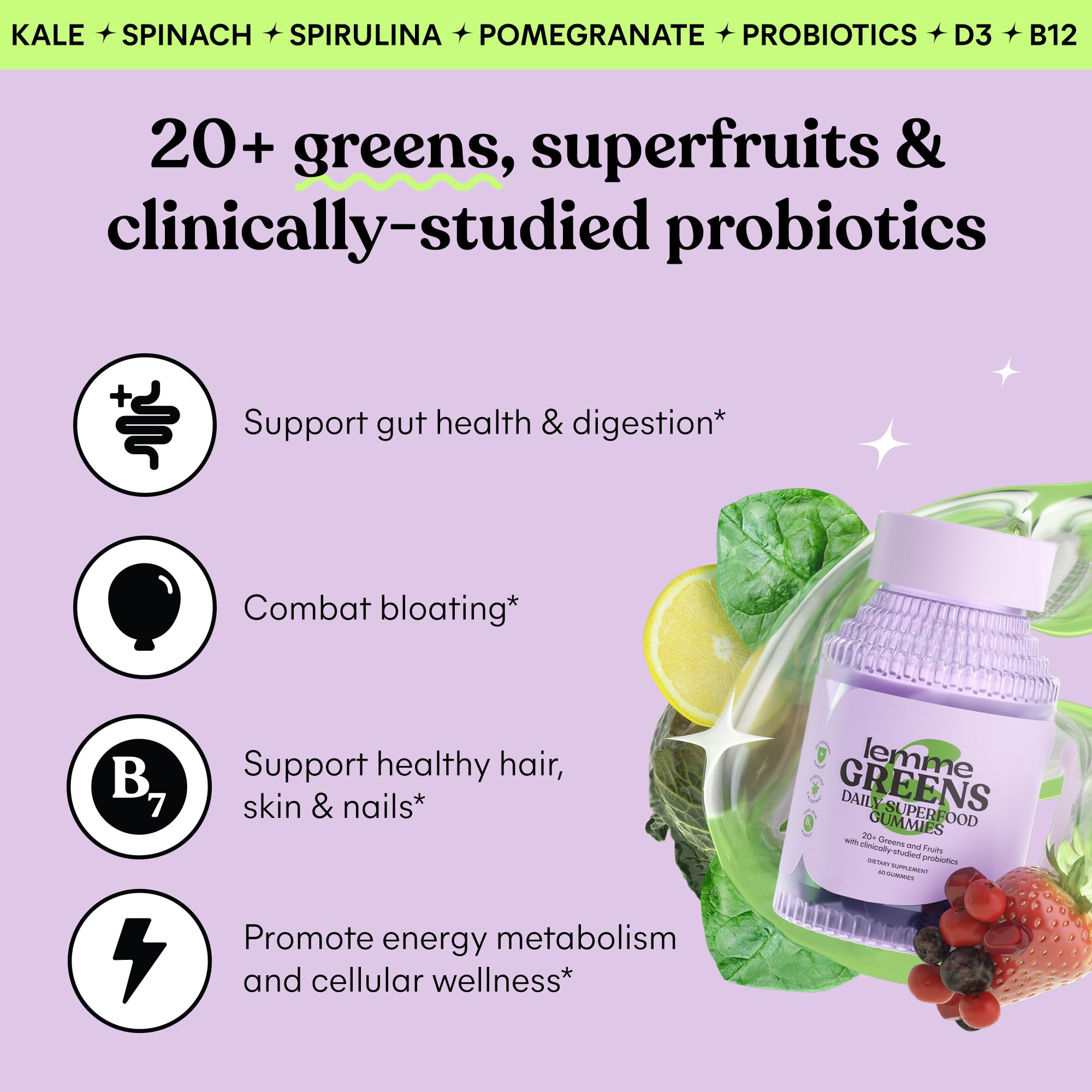 Lemme Greens Superfood Gummies w/Multi - Support Gut Health & Reduce Bloating, 20+ Organic Greens and Superfruits, Clinically Studied Probiotics, D3, B12 - Berries & Greens Flavored (60 Count) LemmeAu supplements