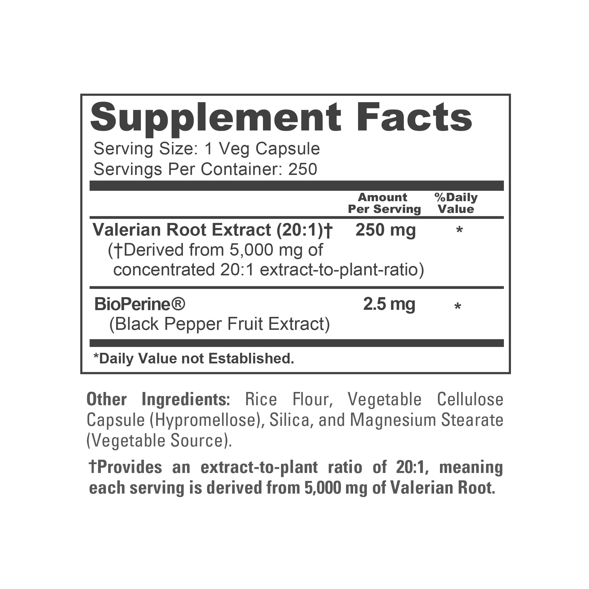 NusaPure Valerian Root 20:1 Extract, 250 mg Equivalent to 5000mg Per Veggie Caps, 250 Count, Vegan, Non-GMO, Bioperine NusaPureAu supplements