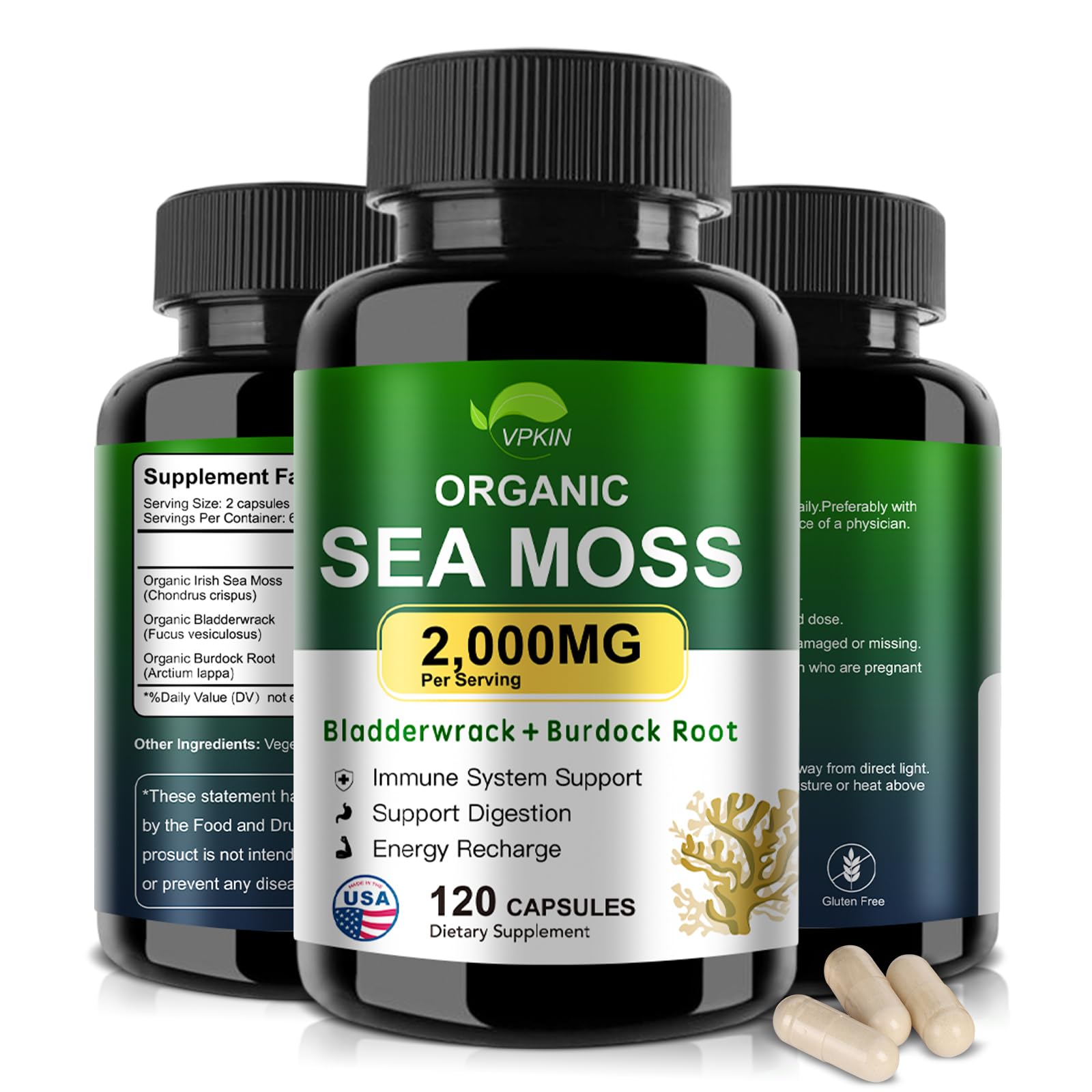 VPKIN Organic Sea Moss Capsules with Bladderwrack,Burdock Root and Black Pepper Extract-Irish SeaMoss Pills 2000mg-Promotes Immune System,Thyroid Support(120 Capsules) VPKINAu supplements