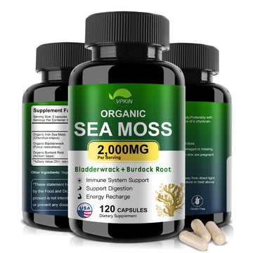 VPKIN Organic Sea Moss Capsules with Bladderwrack,Burdock Root and Black Pepper Extract-Irish SeaMoss Pills 2000mg-Promotes Immune System,Thyroid Support(120 Capsules) VPKINAu supplements