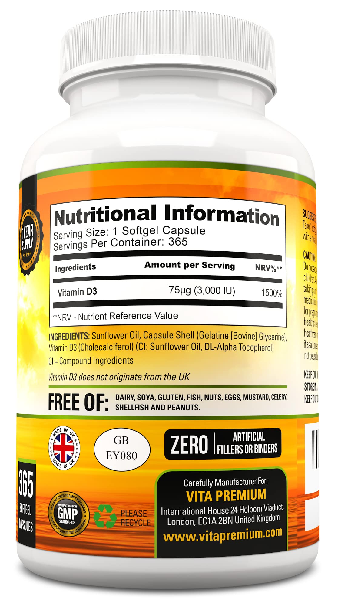 Vitamin D 3,000 IU, High Strength Vitamin D3 Supplement, 365 Easy to Swallow Softgels Vita PremiumUS supplements