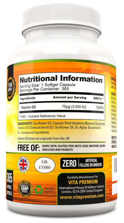 Vitamin D 3,000 IU, High Strength Vitamin D3 Supplement, 365 Easy to Swallow Softgels Vita PremiumUS supplements