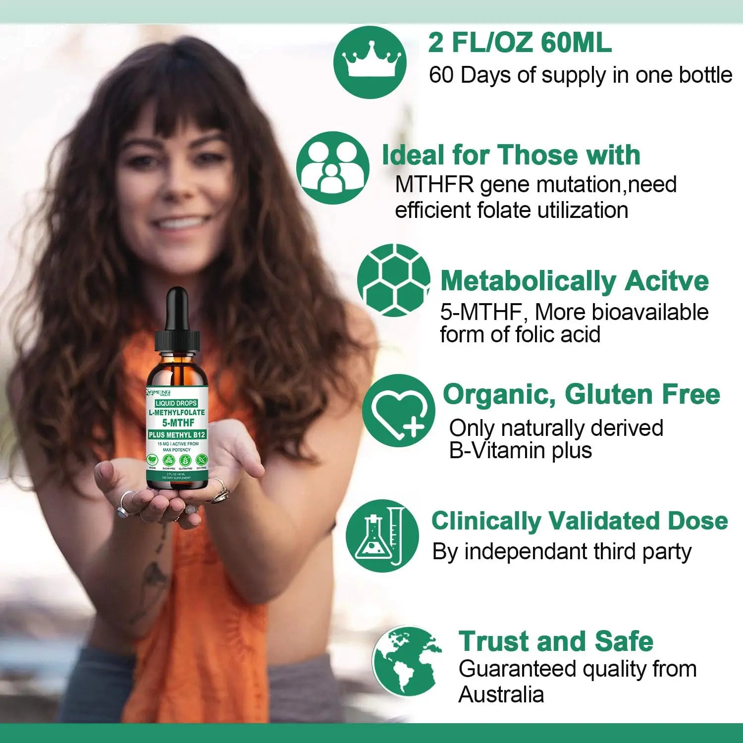 Methylfolate Supplement Liquid Drops, L Methy Folate 15mg Plus Methy B12, B6, B2 Multivitamin, Metabolically Active 5-MTHF Form AMENQ hHEALTHAu supplements