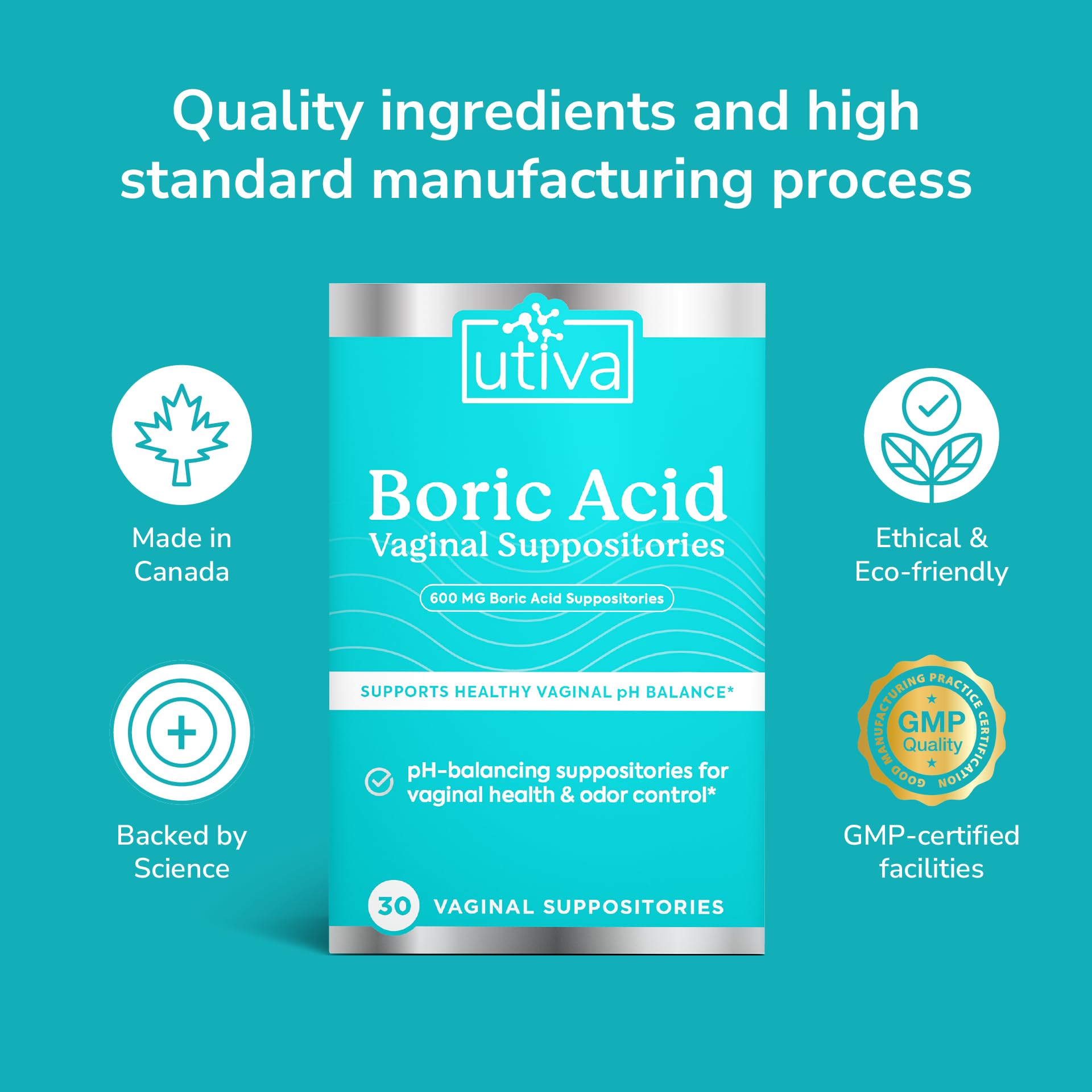10% Bundle Utiva Boric Acid - 600mg 30-Boric Acid Vaginal Suppositories to Lower pH and Support Vaginal Health + Utiva Suppository Applicators – Hygienic Individually Wrapped 15 Vaginal Applicators Szio+US supplements