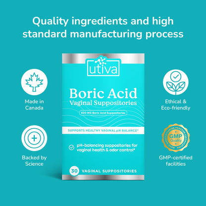 10% Bundle Utiva Boric Acid - 600mg 30-Boric Acid Vaginal Suppositories to Lower pH and Support Vaginal Health + Utiva Suppository Applicators – Hygienic Individually Wrapped 15 Vaginal Applicators Szio+US supplements