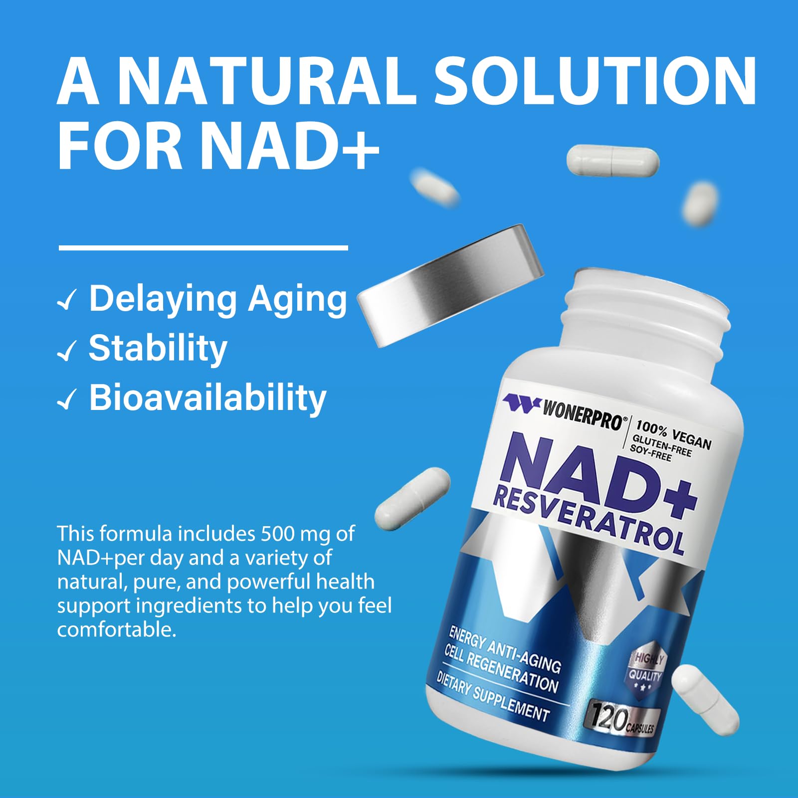 NAD+ Supplement 1500mg Pure Organic, NAD+ Resveratrol & Vitamin B3 for Women & Men, Energy Boost & Anti-Aging Support, 120 Vegan Capsules (Gluten-Free, Soy-Free)-11.4 WONERPROAu supplements